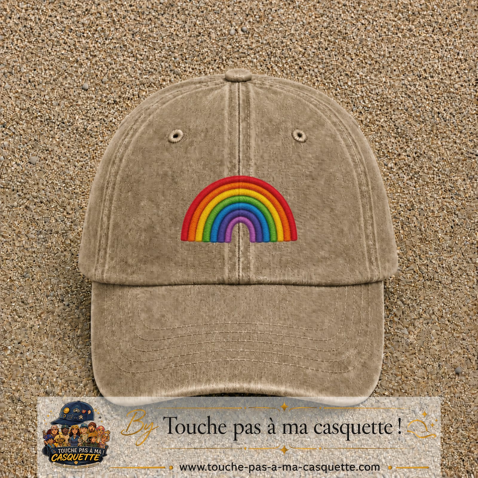 Image principale produit187moyenBF - casquette Beige foncé délavé avec visuel Arc-en-ciel 5 cm