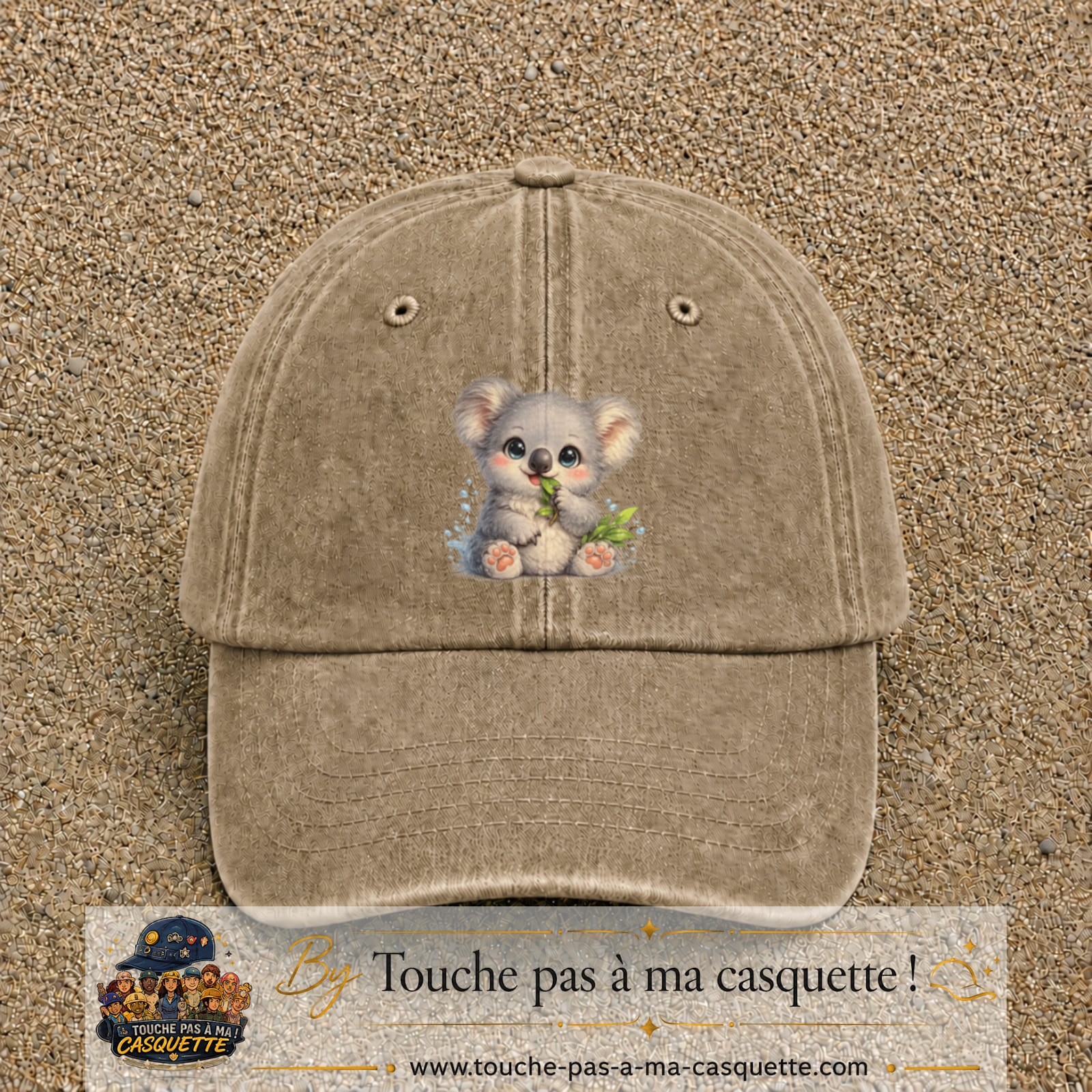 Image principale produit87grosBF - casquette Beige foncé délavé avec visuel Koala bambou 7 cm