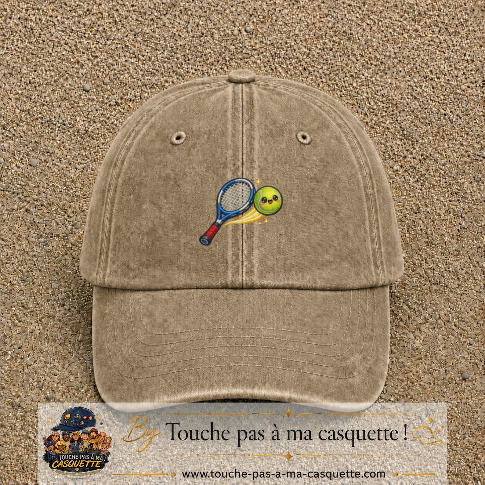 Image principale produit80moyenBF - casquette Beige foncé délavé avec visuel Tennis raquette balle 5 cm