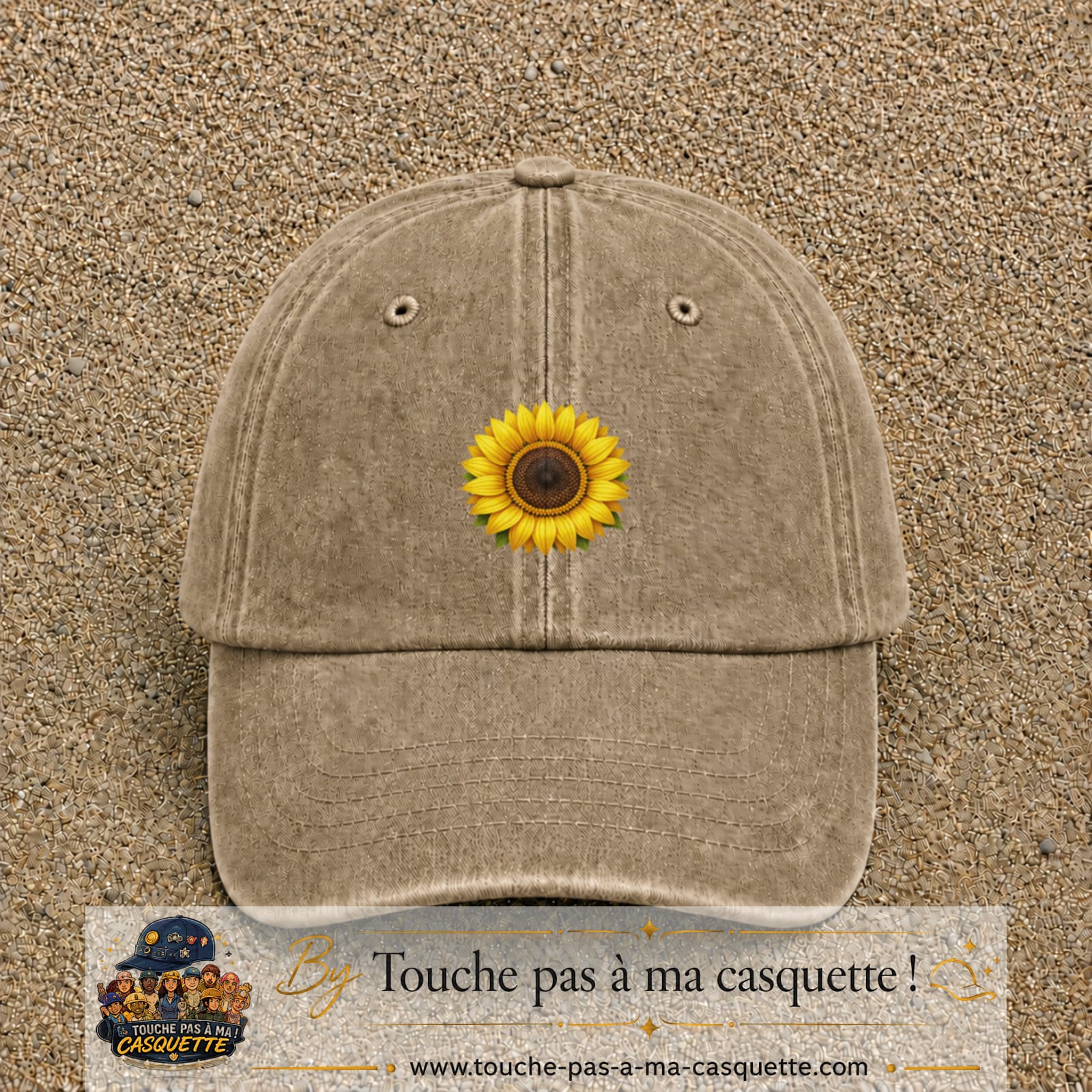 Image principale produit11moyenBF - casquette Beige foncé délavé avec visuel Tournesol 5 cm