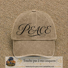 Image principale produit132grosBF - casquette Beige foncé délavé avec visuel Peace calligraphie 7 cm