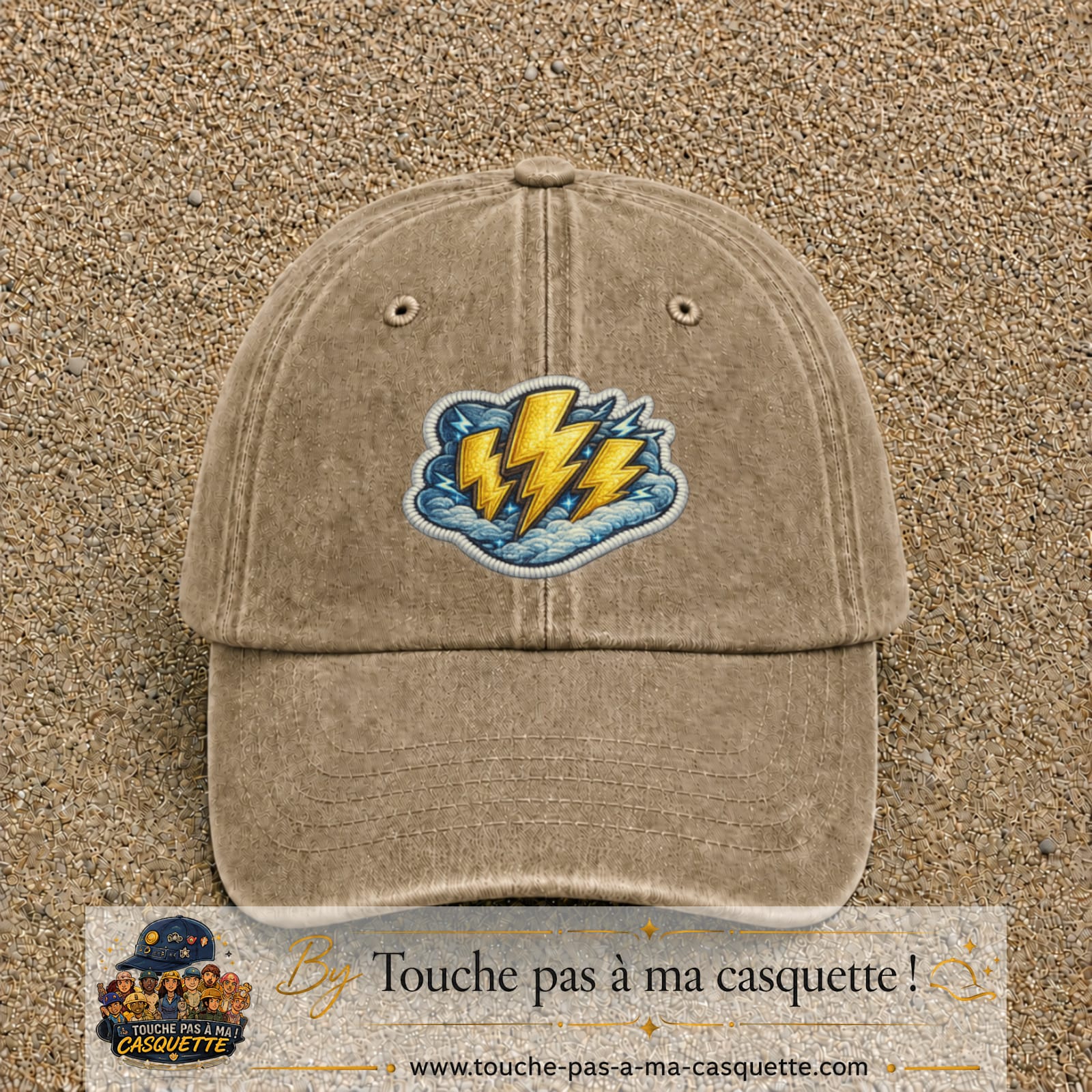 Image principale produit77grosBF - casquette Beige foncé délavé avec visuel Éclairs 7 cm