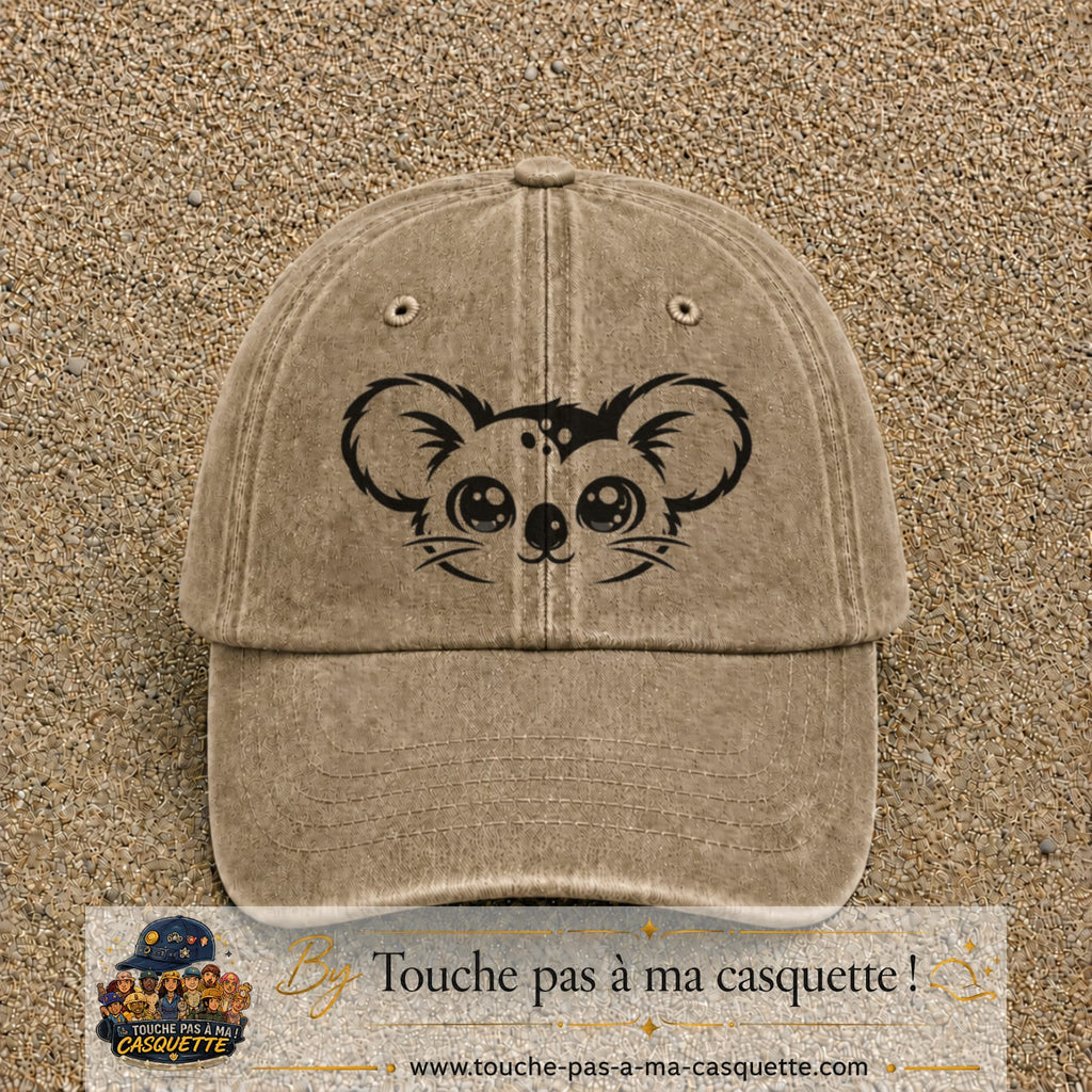 Image principale produit100grosBF - casquette Beige foncé délavé avec visuel Koala visage 7 cm
