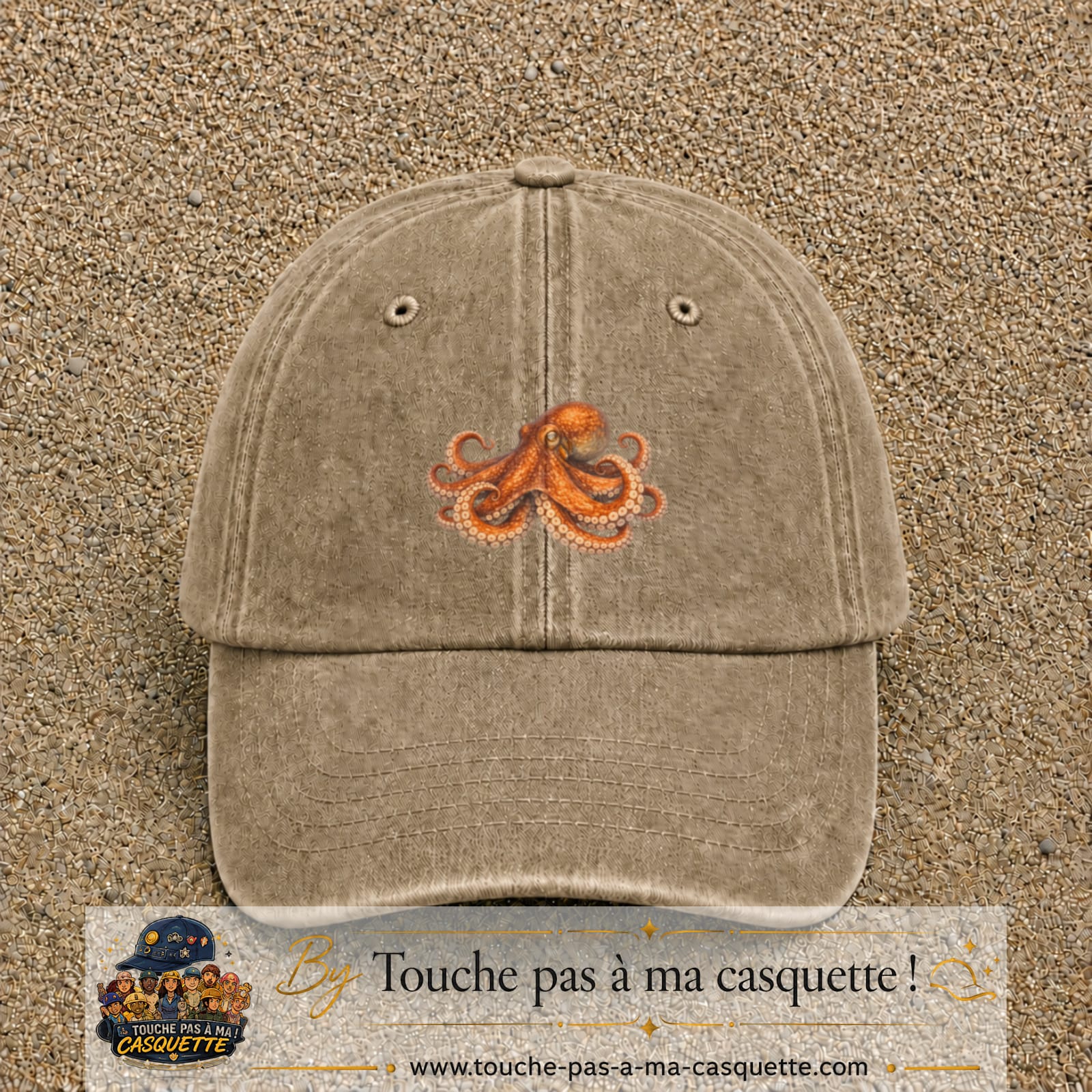 Image principale produit71moyenBF - casquette Beige foncé délavé avec visuel Pieuvre 5 cm