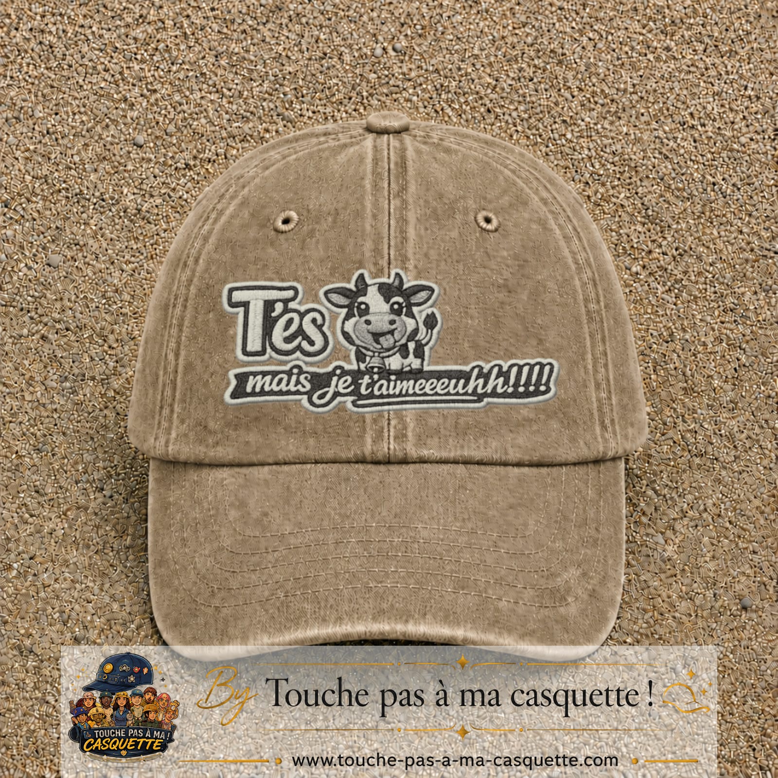 Image principale produit122grosBF - casquette Beige foncé délavé avec visuel Vache message français 7 cm