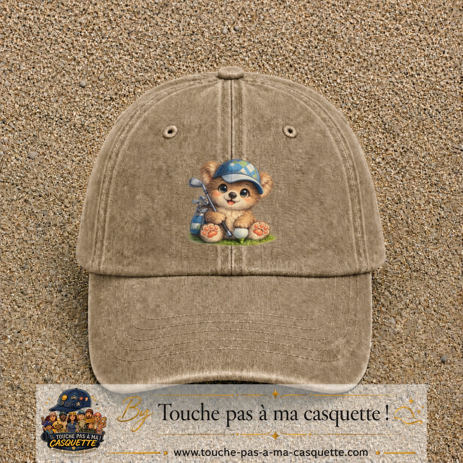 Image principale produit89grosBF - casquette Beige foncé délavé avec visuel Ourson golf 7 cm