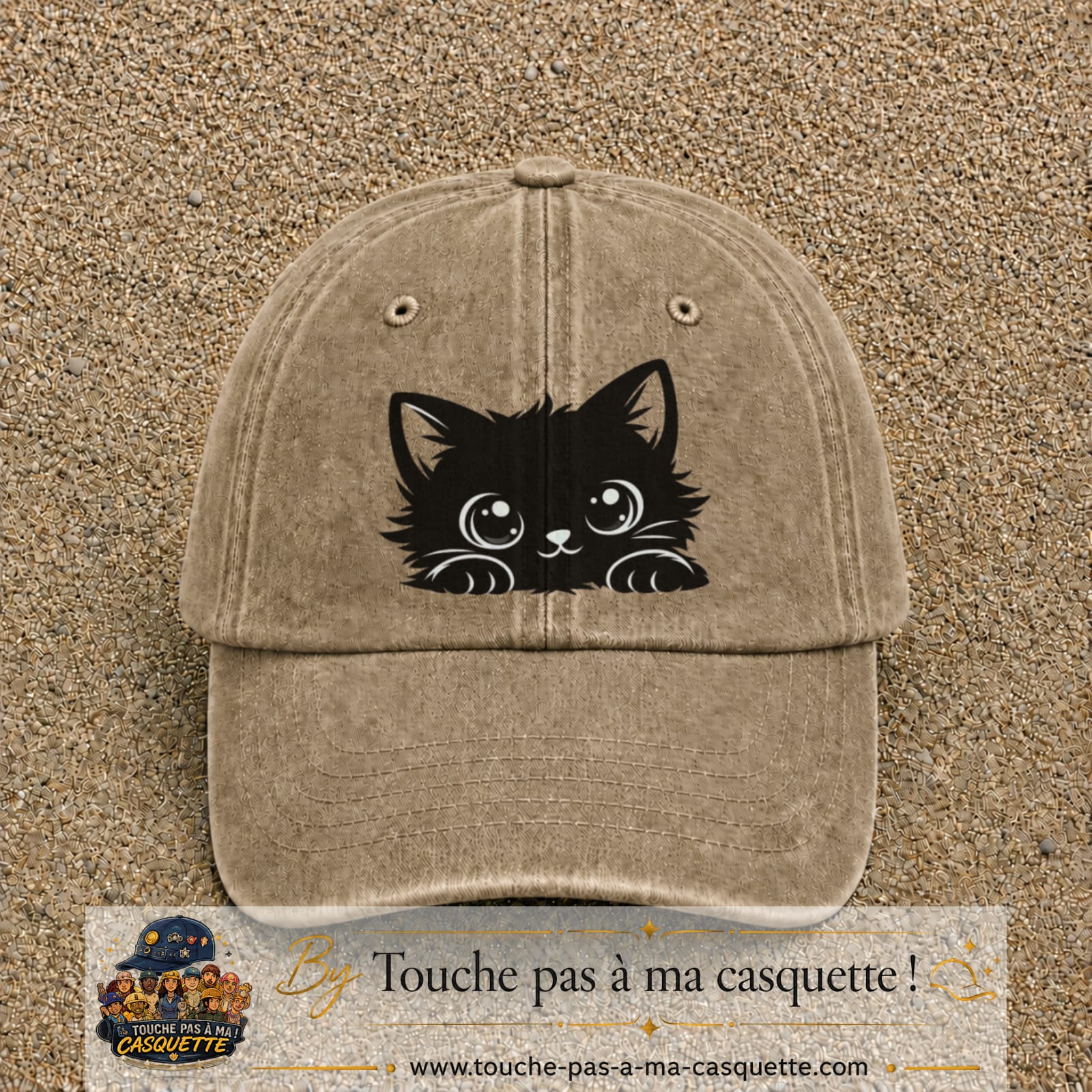 Image principale produit6grosBF - casquette Beige foncé délavé avec visuel Chat noir adorable 7 cm