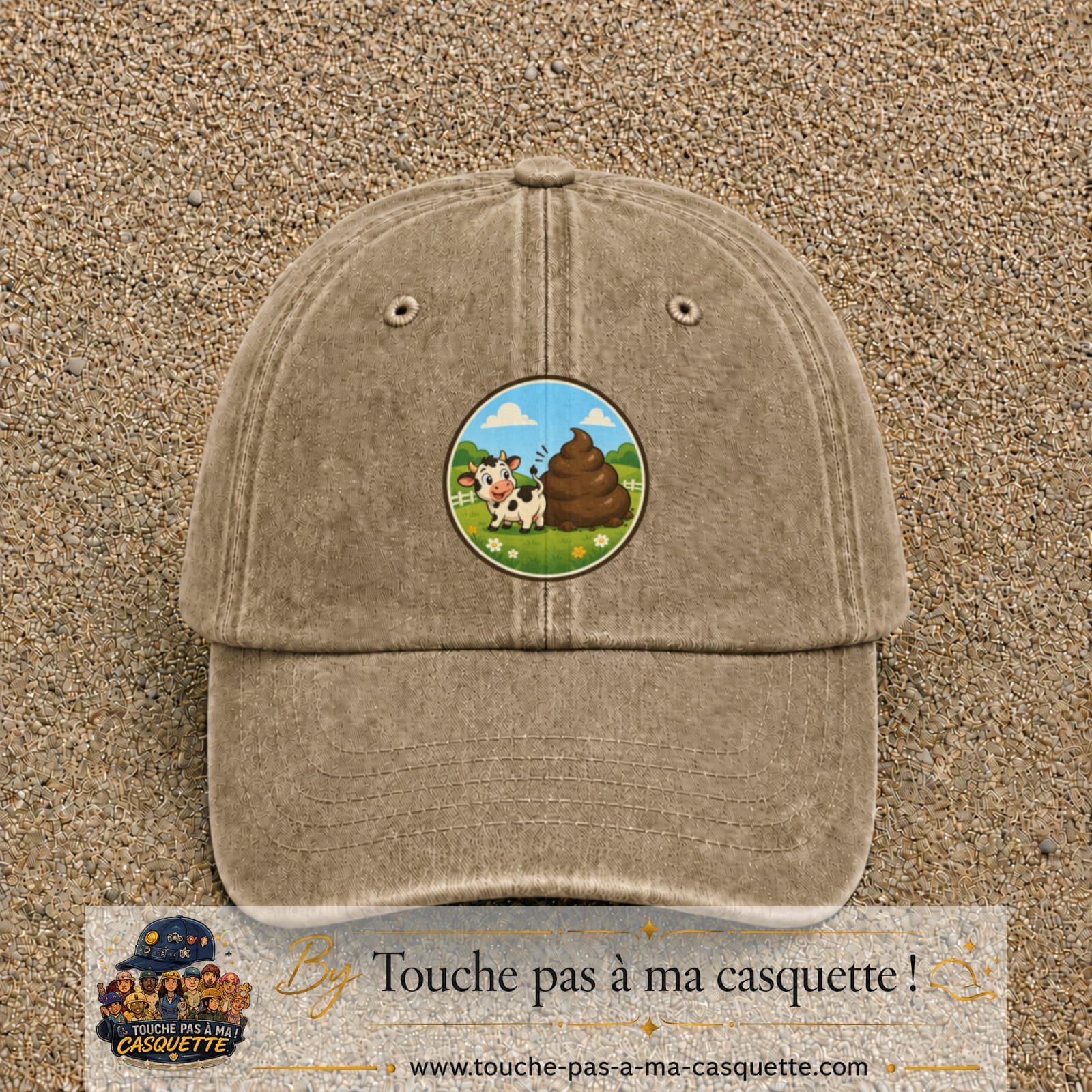Image principale produit161grosBF - casquette Beige foncé délavé avec visuel Vache humour crotte 7 cm