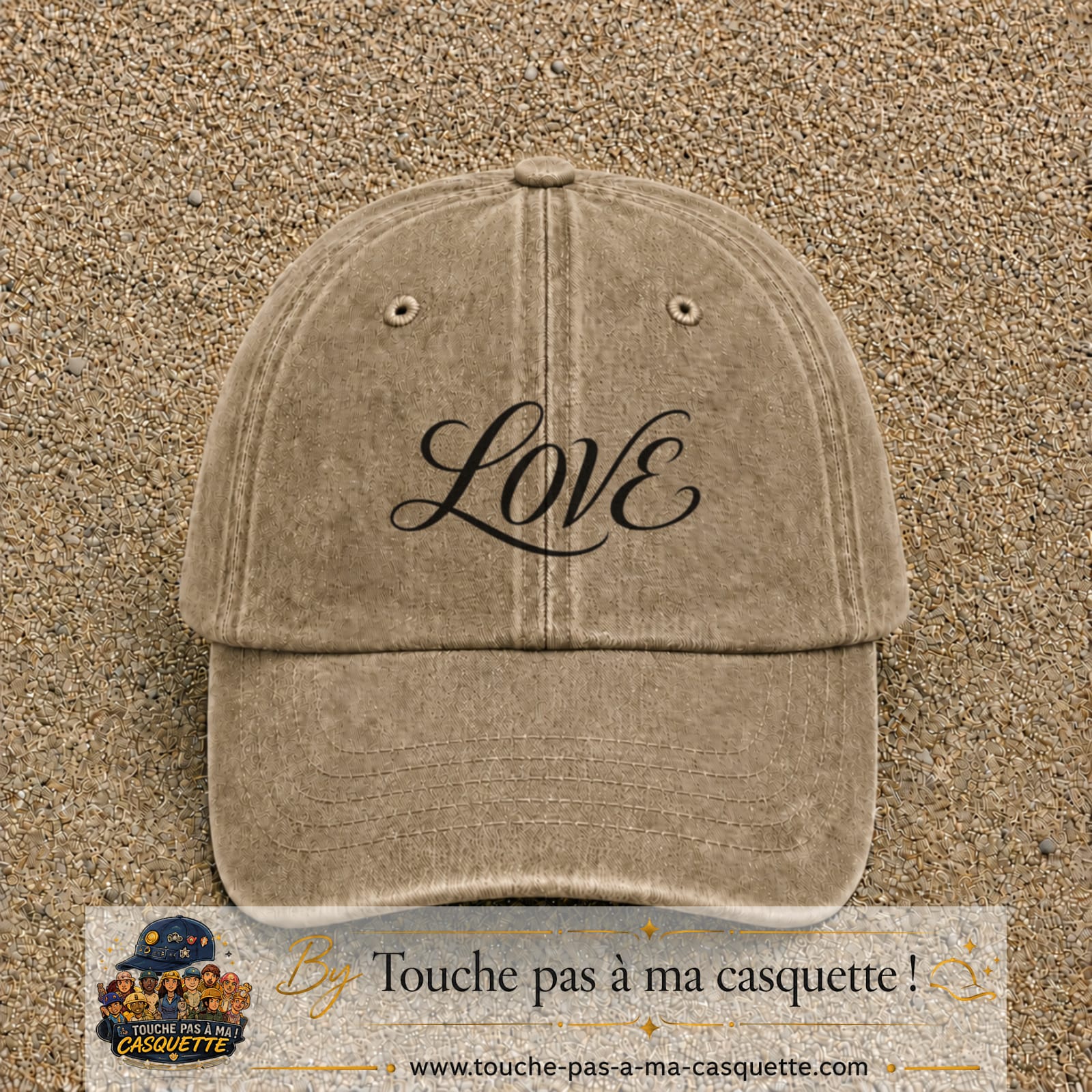 Image principale produit131moyenBF - casquette Beige foncé délavé avec visuel Love calligraphie 5 cm