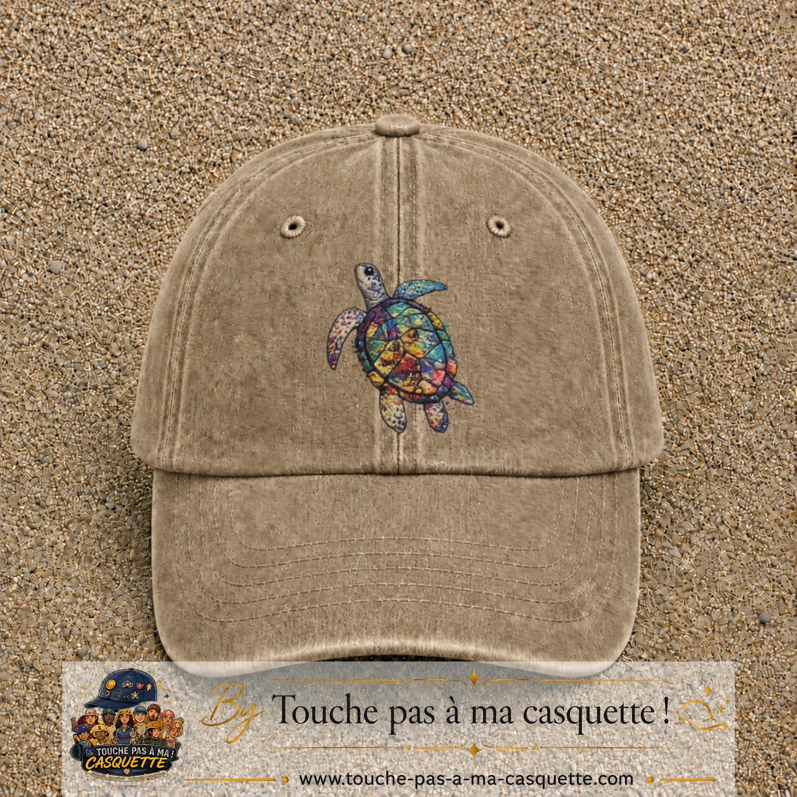 Image principale produit17grosBF - casquette Beige foncé délavé avec visuel Tortue colorée 7 cm