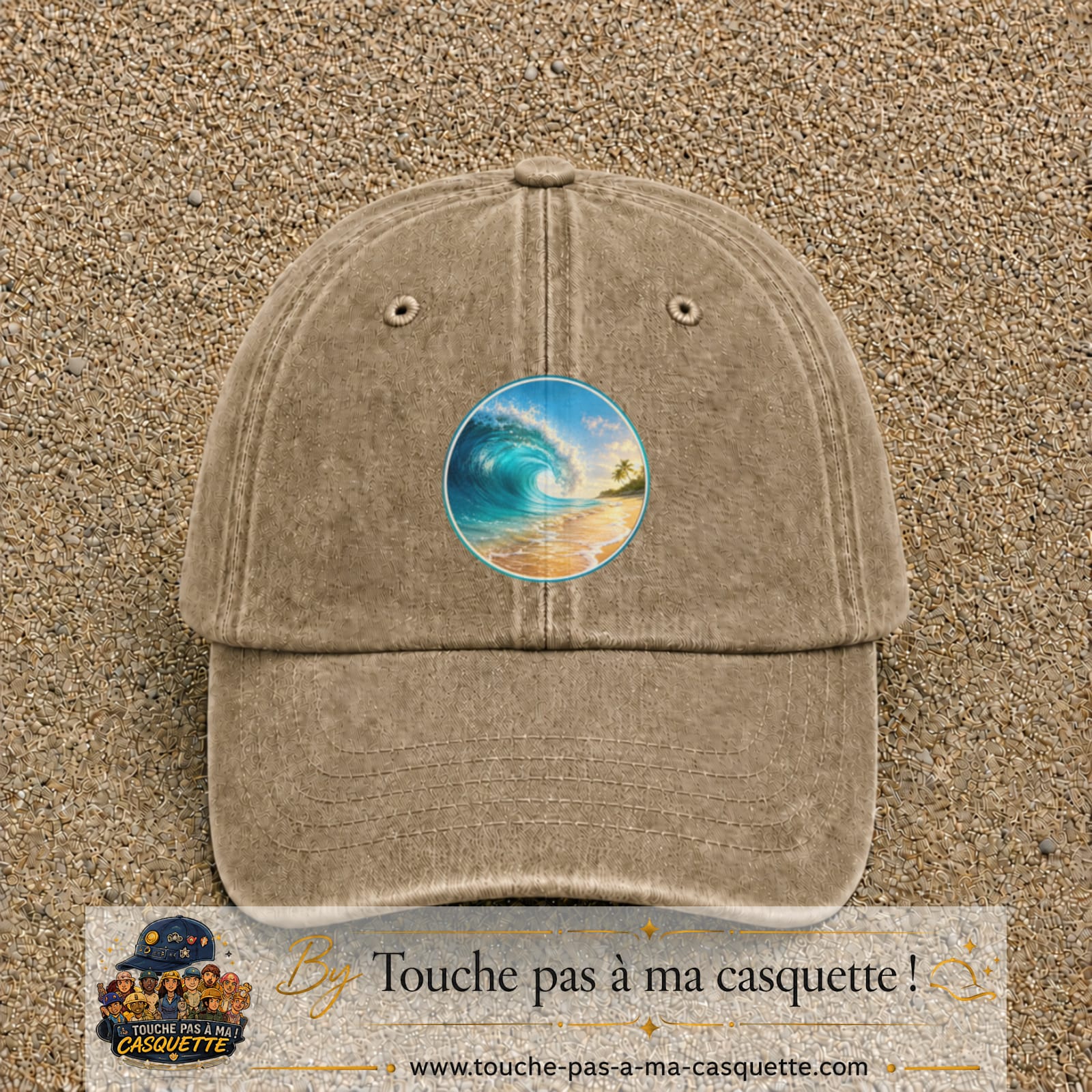 Image principale produit175grosBF - casquette Beige foncé délavé avec visuel Vague plage 7 cm