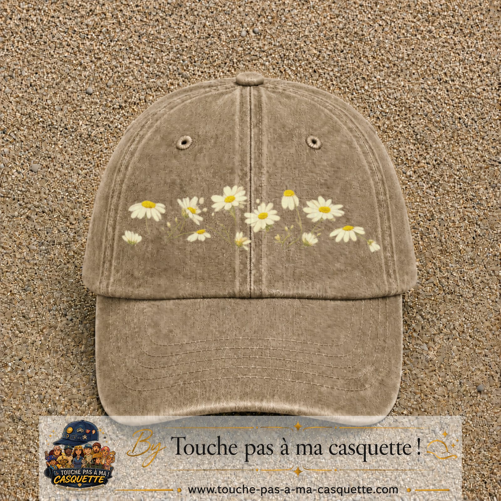 Image principale produit36grosBF - casquette Beige foncé délavé avec visuel Guirlande de marguerites 7 cm