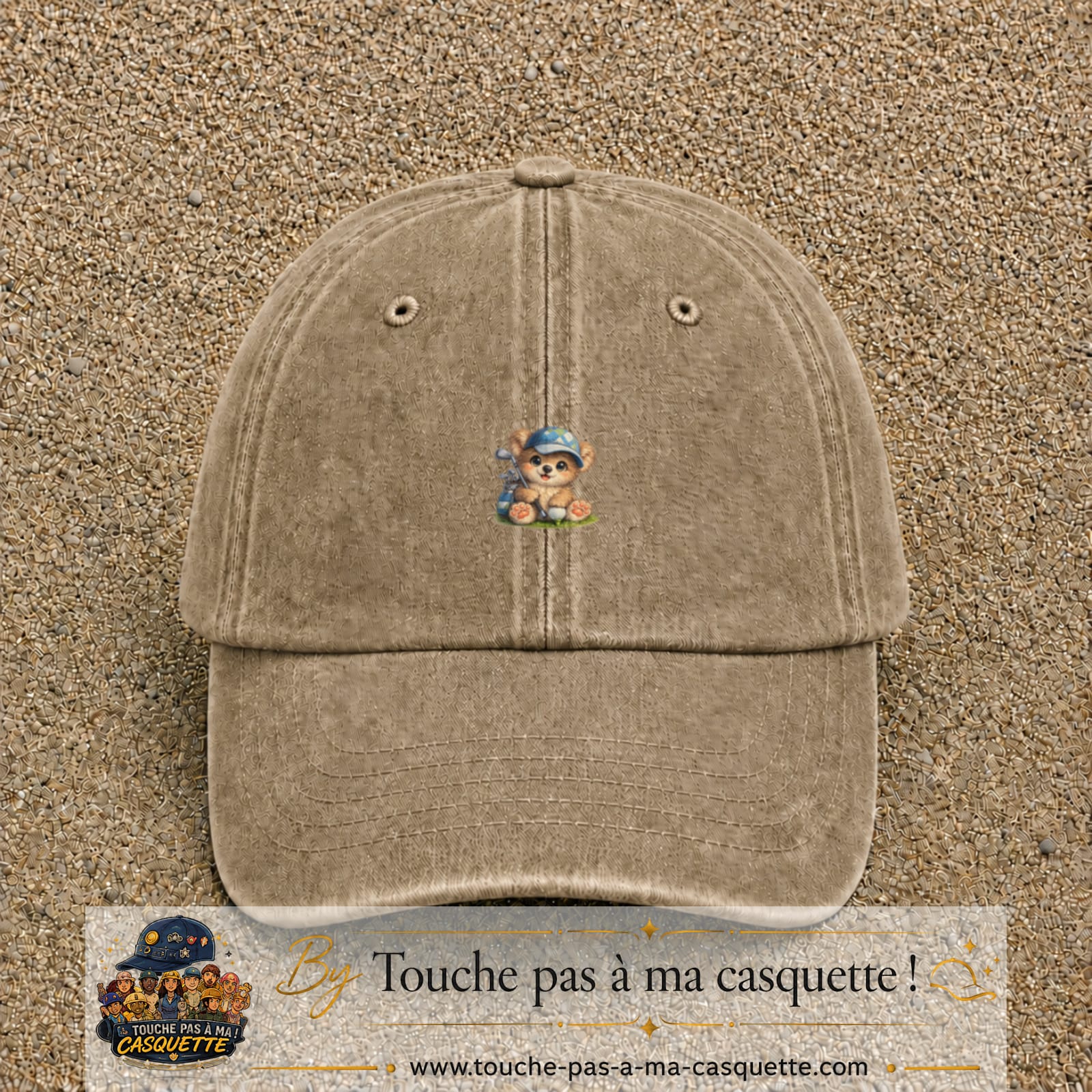 Image principale produit89petitBF - casquette Beige foncé délavé avec visuel Ourson golf 3 cm