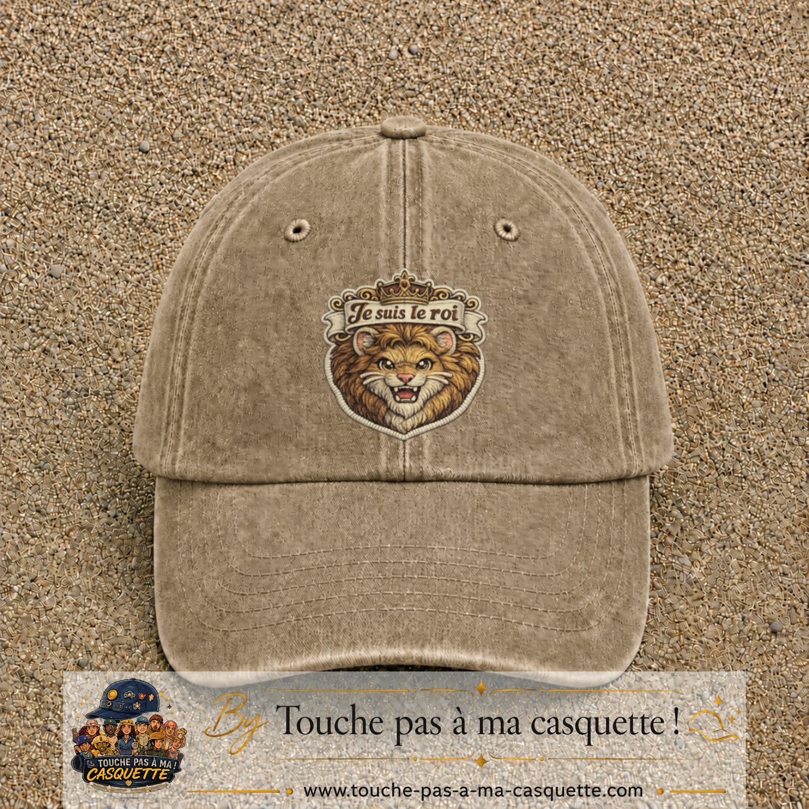 Image principale produit40grosBF - casquette Beige foncé délavé avec visuel Lion roi je suis le roi 7 cm