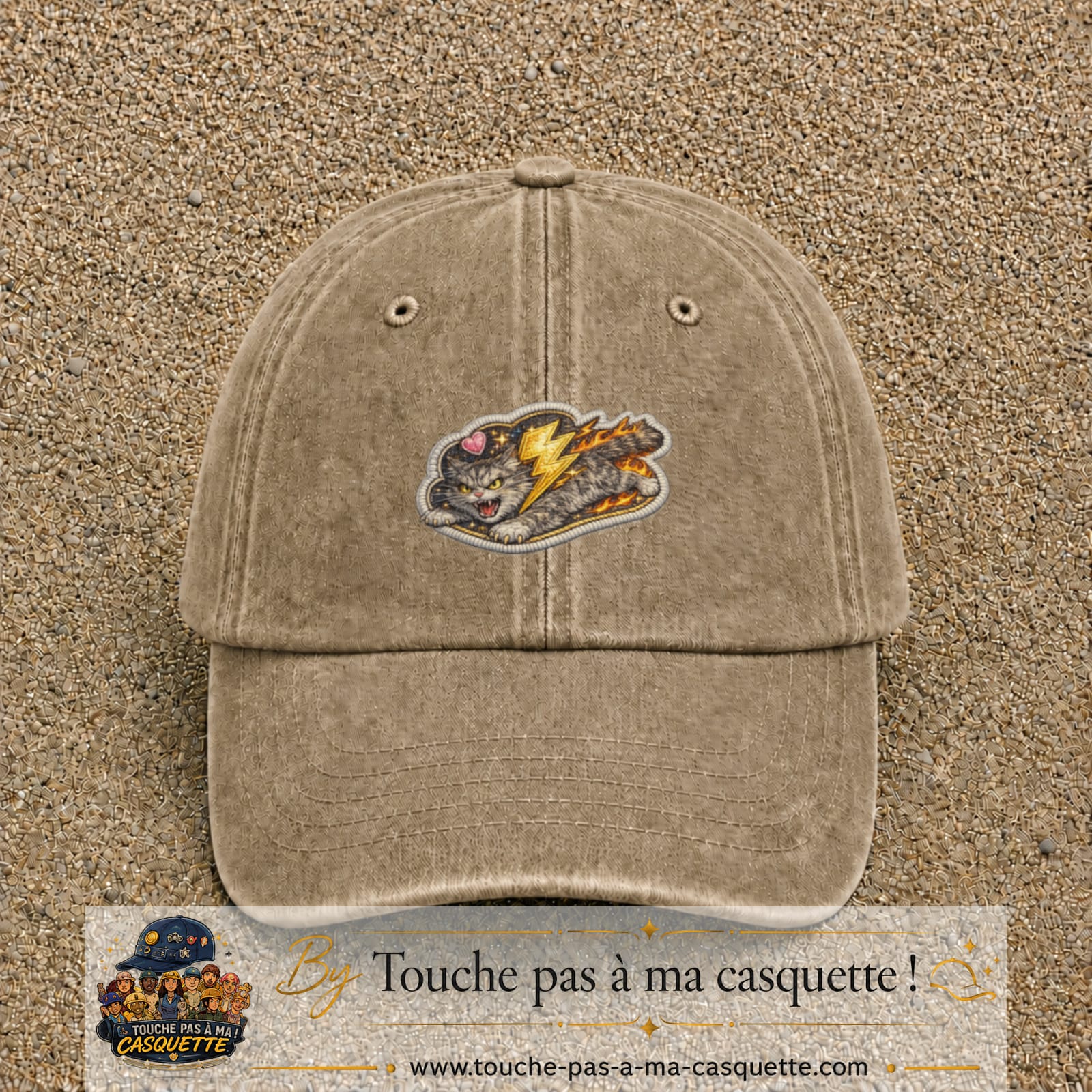 Image principale produit78moyenBF - casquette Beige foncé délavé avec visuel Chat éclair 5 cm