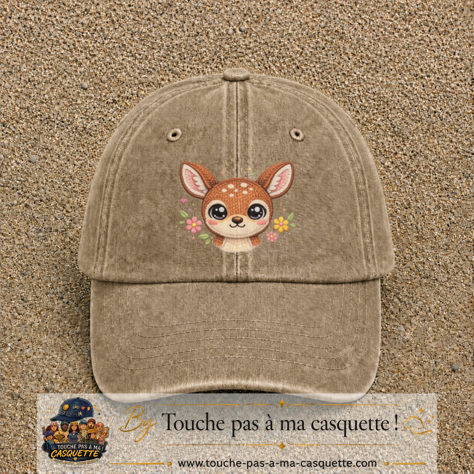 Image principale produit98grosBF - casquette Beige foncé délavé avec visuel Faon fleuri 7 cm
