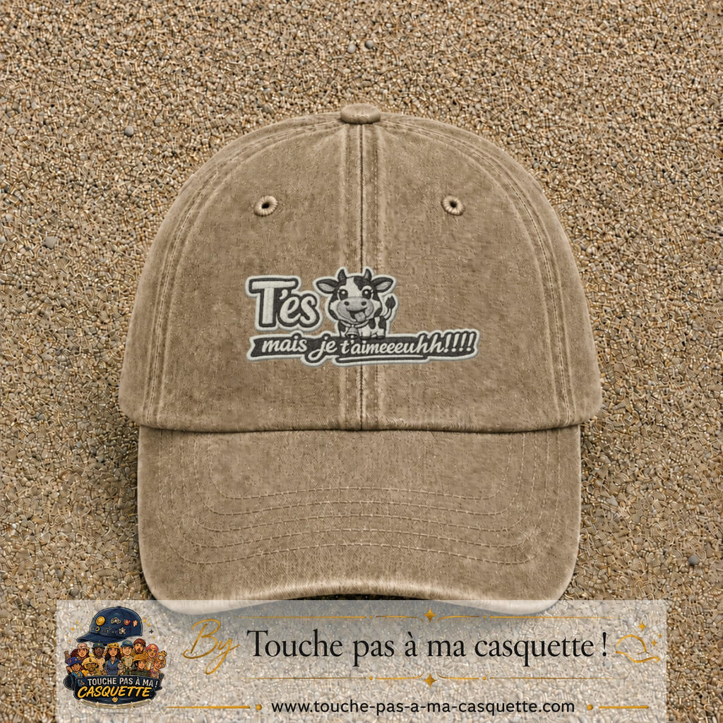 Image principale produit122moyenBF - casquette Beige foncé délavé avec visuel Vache message français 5 cm