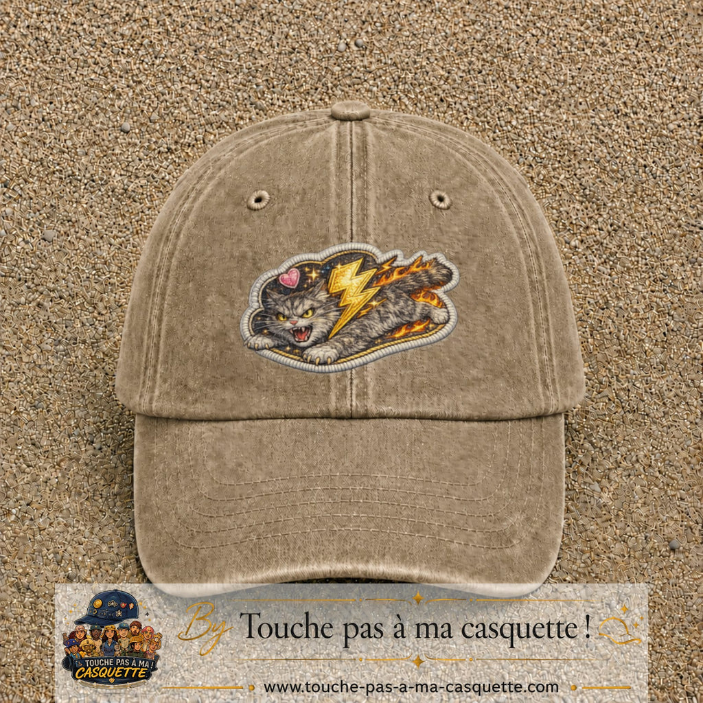 Image principale produit78grosBF - casquette Beige foncé délavé avec visuel Chat éclair 7 cm