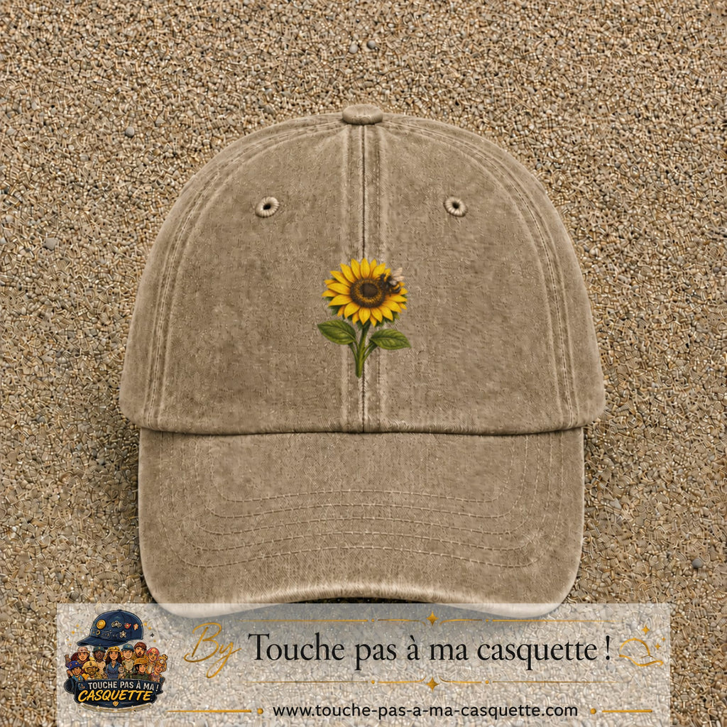 Image principale produit75moyenBF - casquette Beige foncé délavé avec visuel Tournesol abeille 5 cm