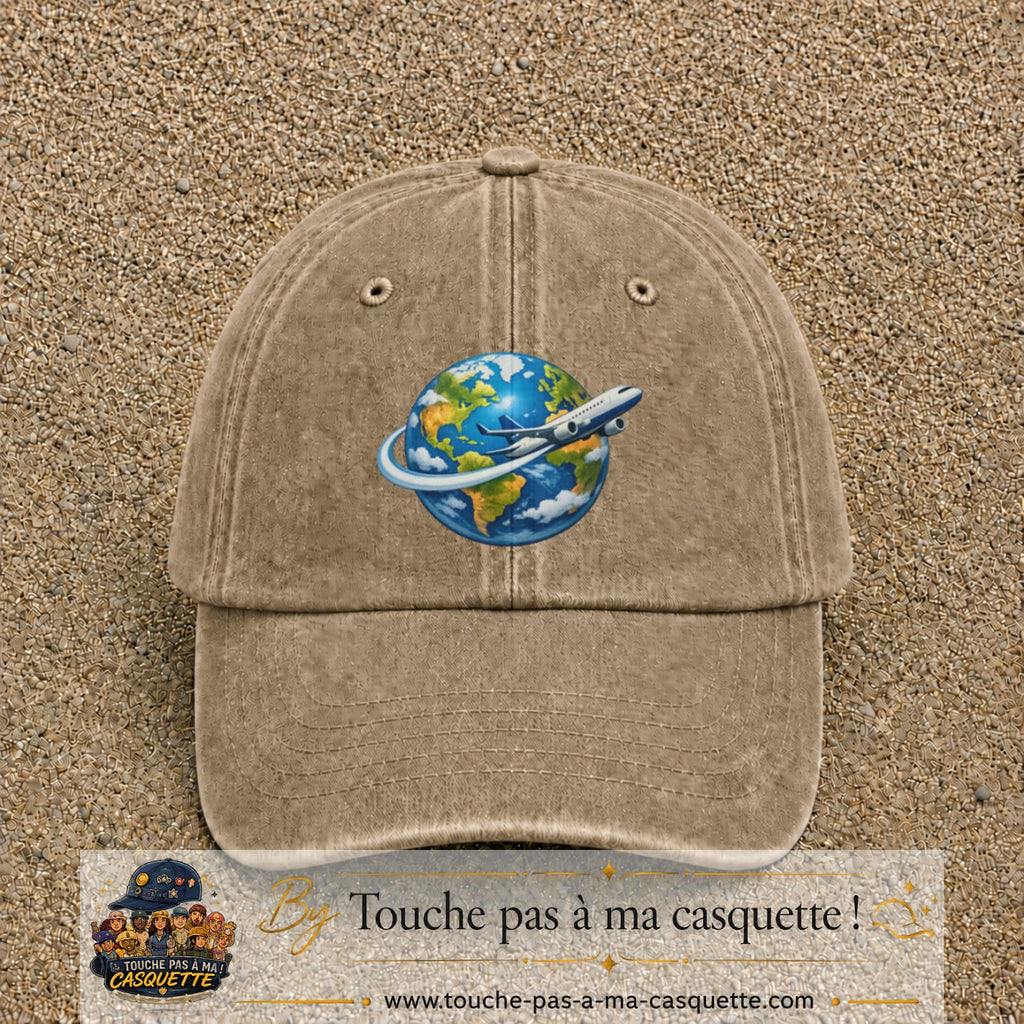 Image principale produit82grosBF - casquette Beige foncé délavé avec visuel Monde avion 7 cm