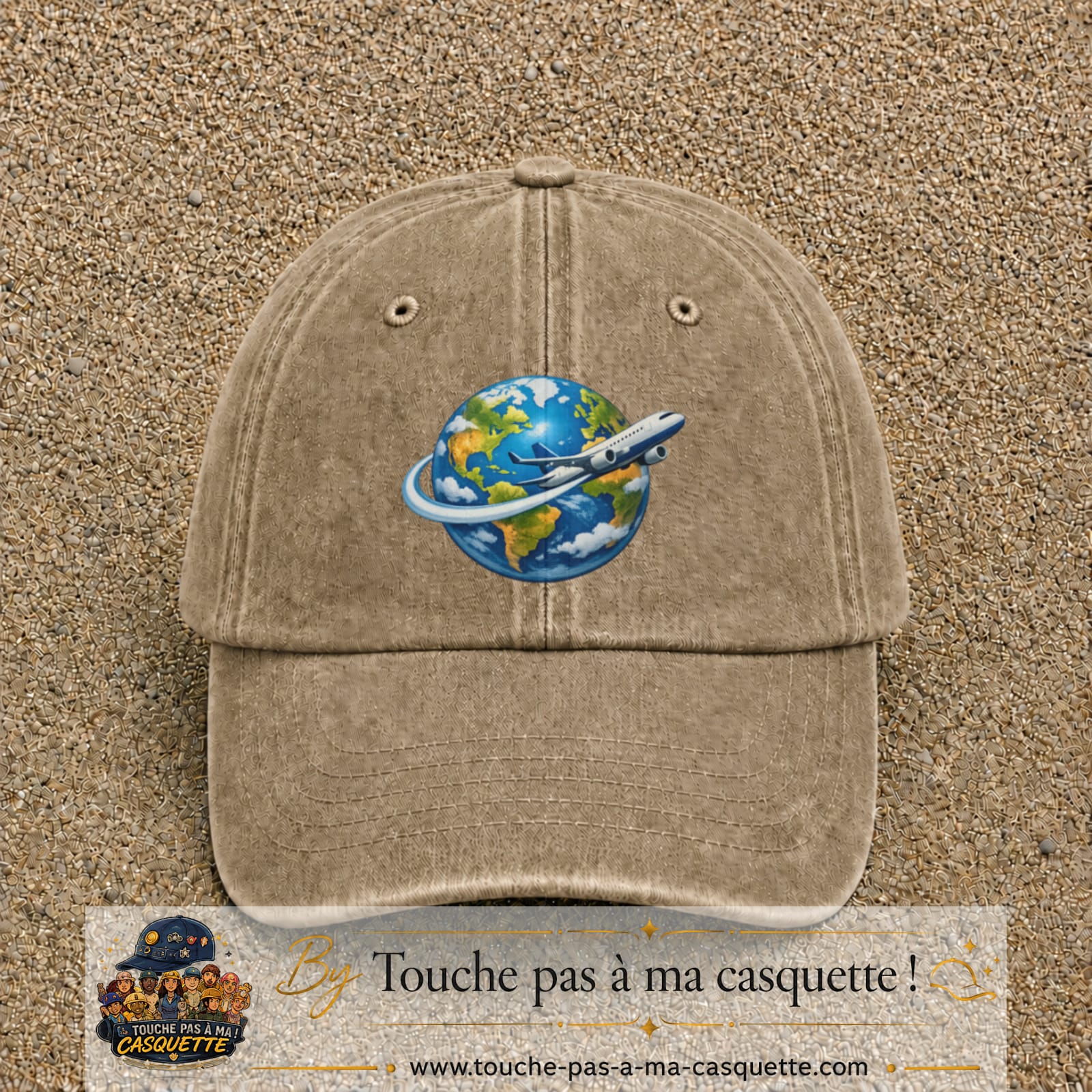 Image principale produit82grosBF - casquette Beige foncé délavé avec visuel Monde avion 7 cm