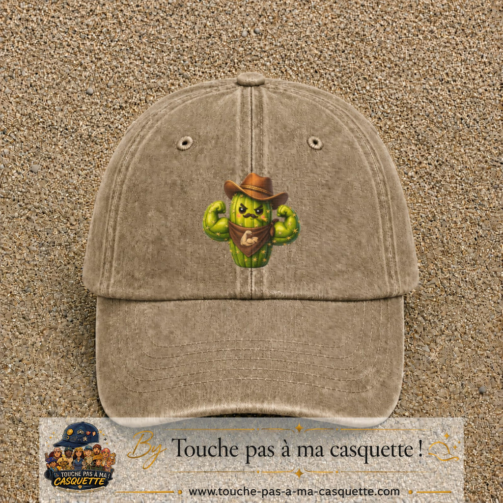 Image principale produit194grosBF - casquette Beige foncé délavé avec visuel Cactus cowboy 7 cm