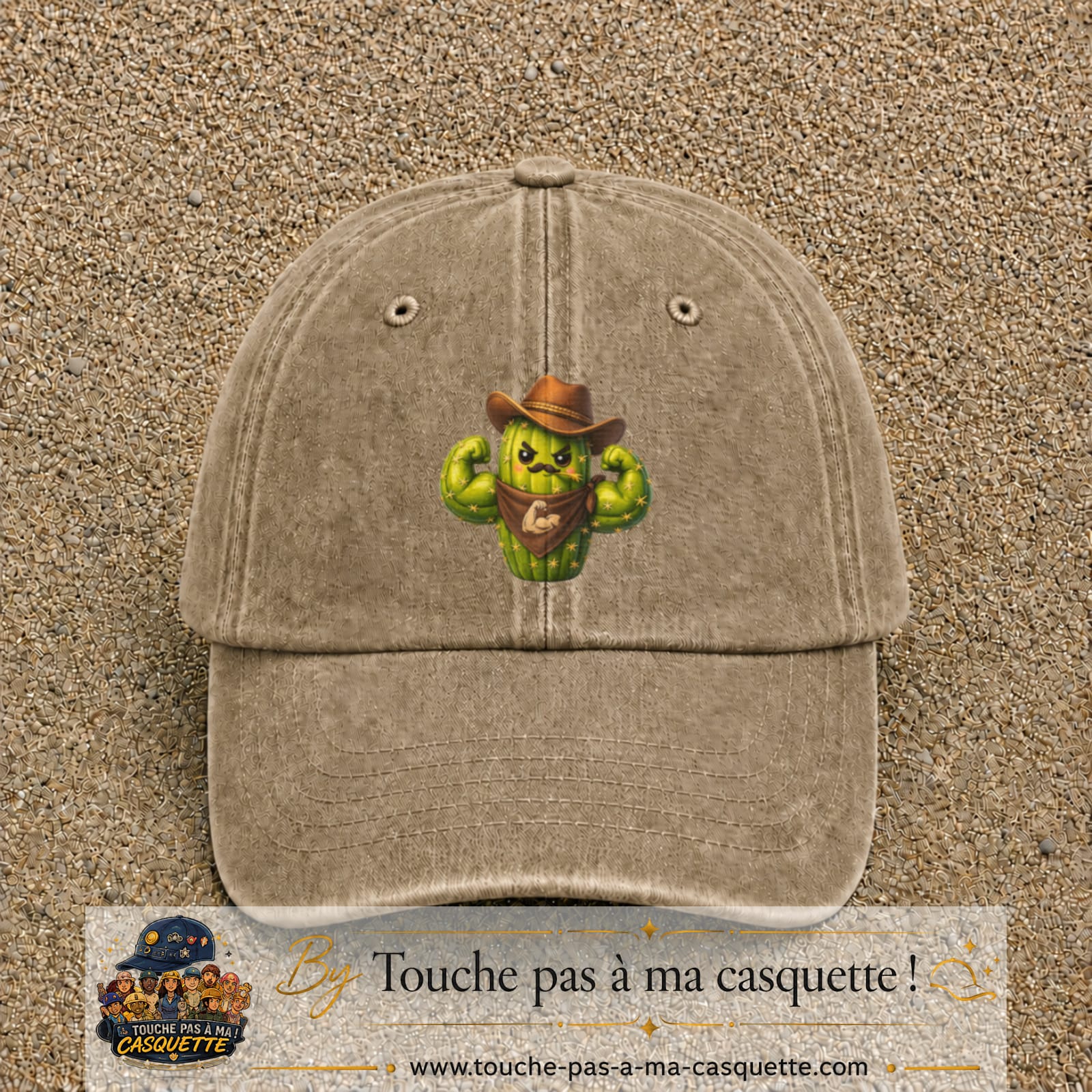 Image principale produit194grosBF - casquette Beige foncé délavé avec visuel Cactus cowboy 7 cm