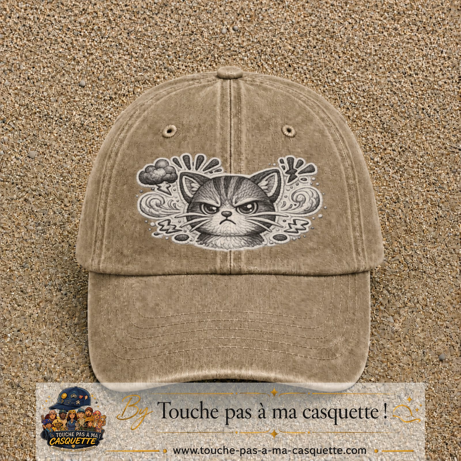 Image principale produit1grosBF - casquette Beige foncé délavé avec visuel Chat colère ornemental 7 cm