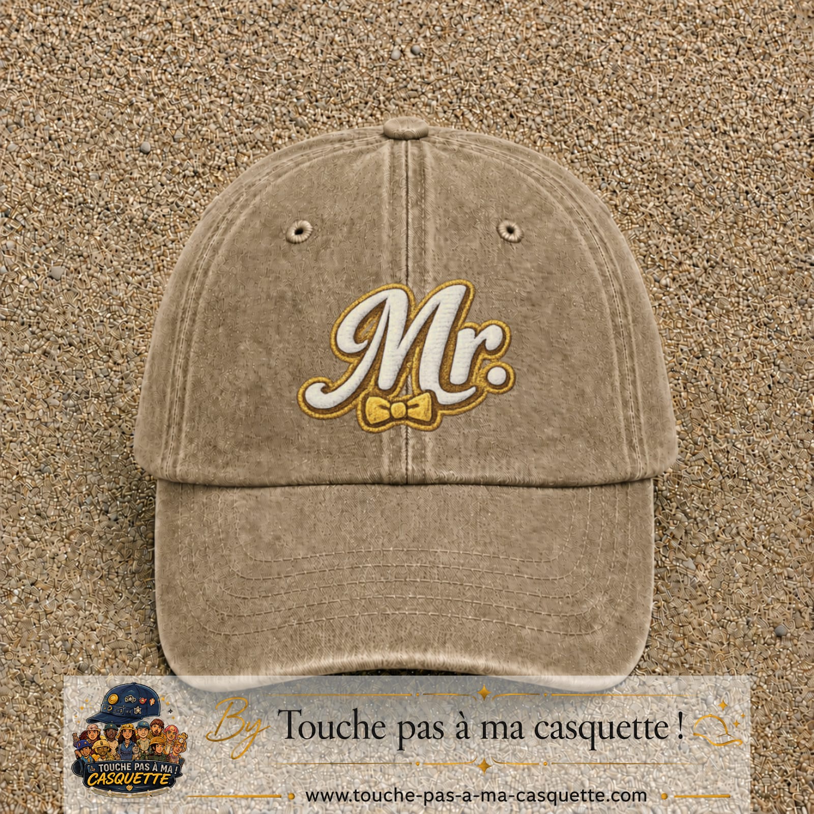 Image principale produit110grosBF - casquette Beige foncé délavé avec visuel Mr élégant 7 cm