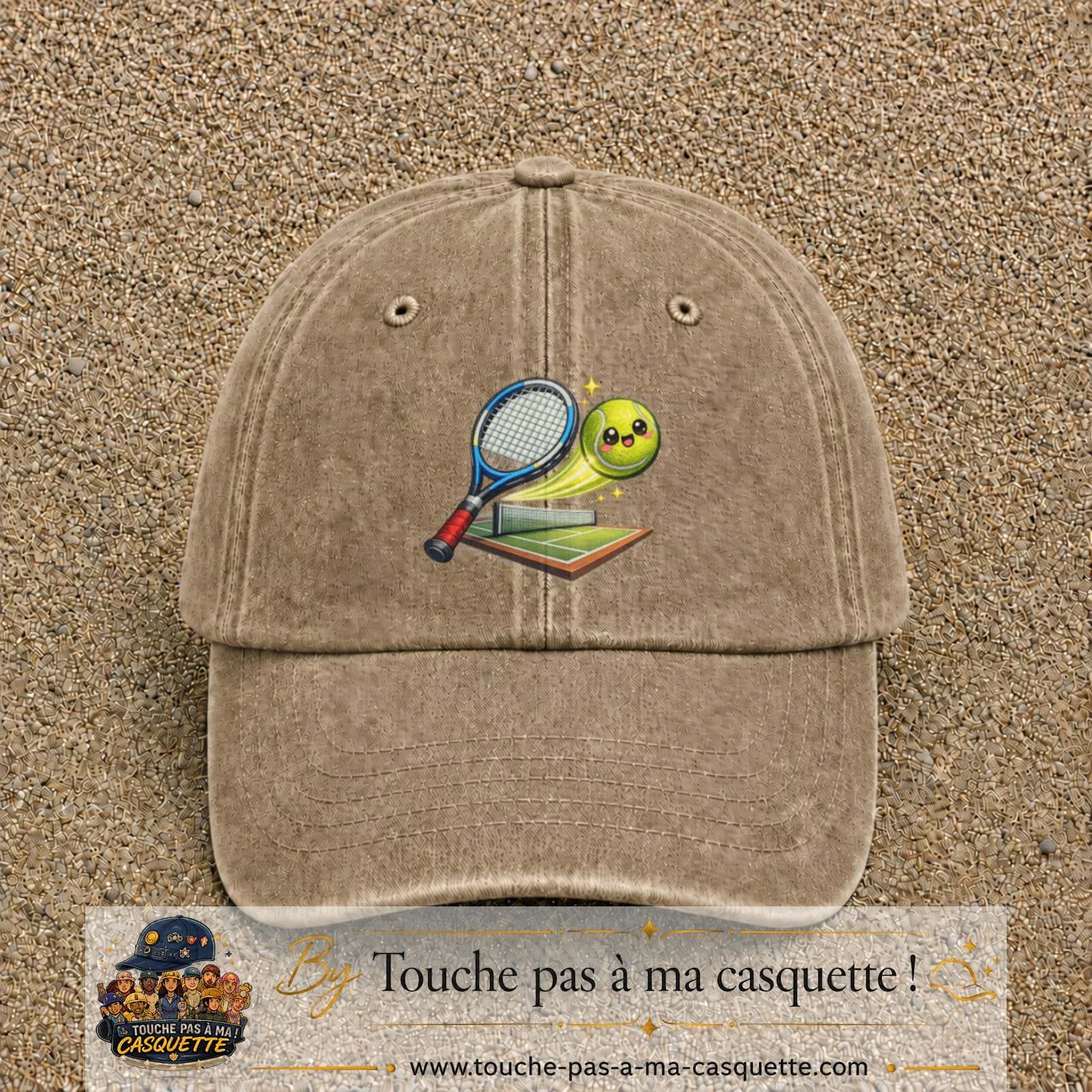 Image principale produit81grosBF - casquette Beige foncé délavé avec visuel Tennis court raquette 7 cm