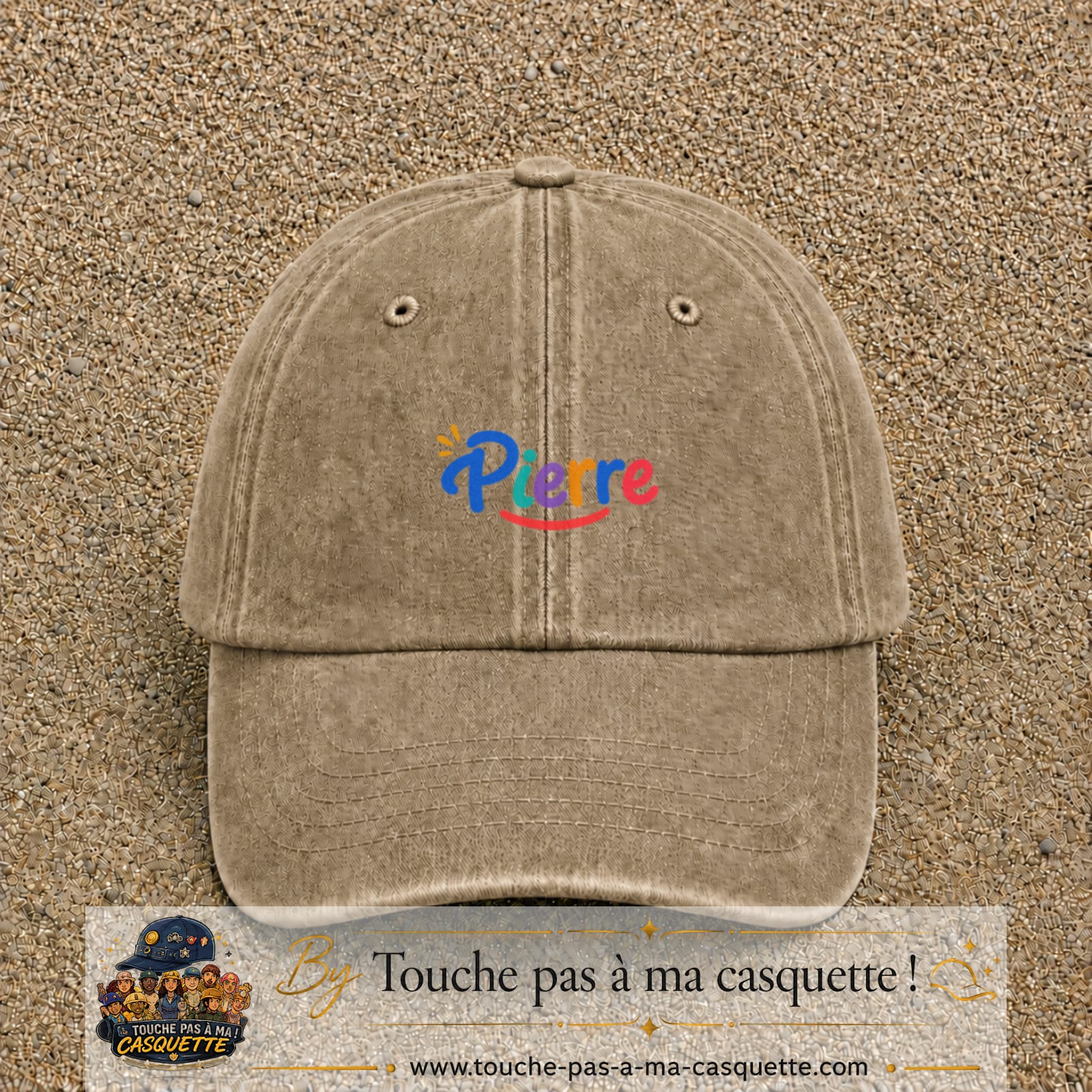 Casquette baseball Beige foncé délavé 100% coton avec visuel Prénom Pierre coloré 3 cm - image produit principale