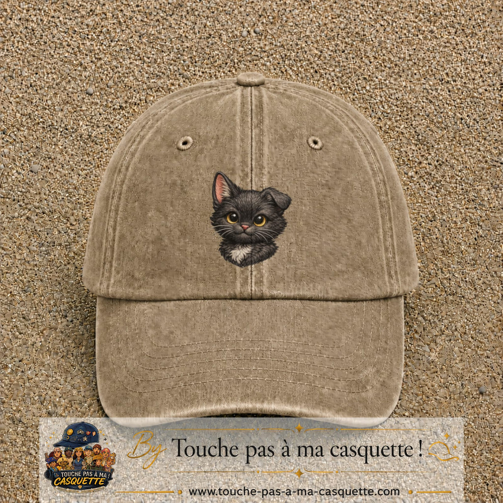 Casquette Beige foncé délavé motif Tête de chaton 7 cm - vue principale