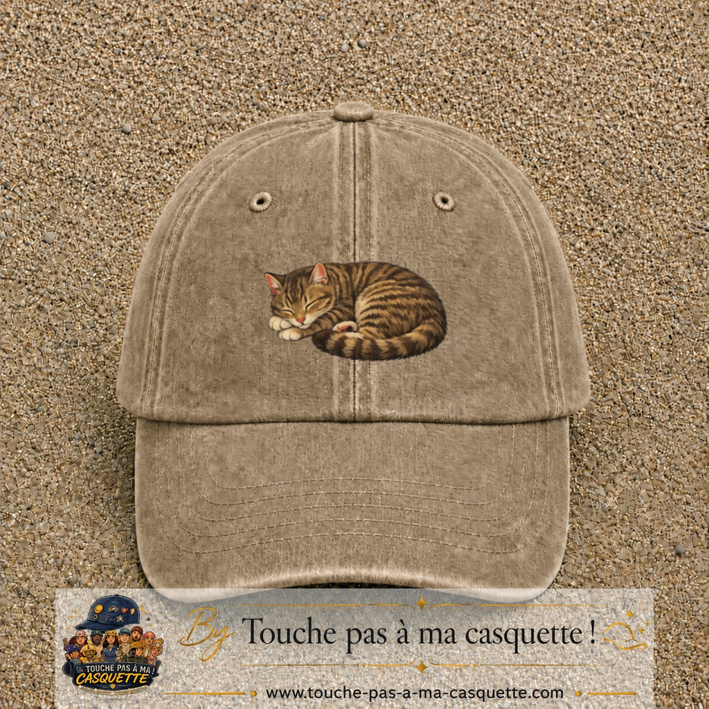 Casquette baseball Beige foncé délavé 100% coton avec motif Chat endormi 5 cm - image principale