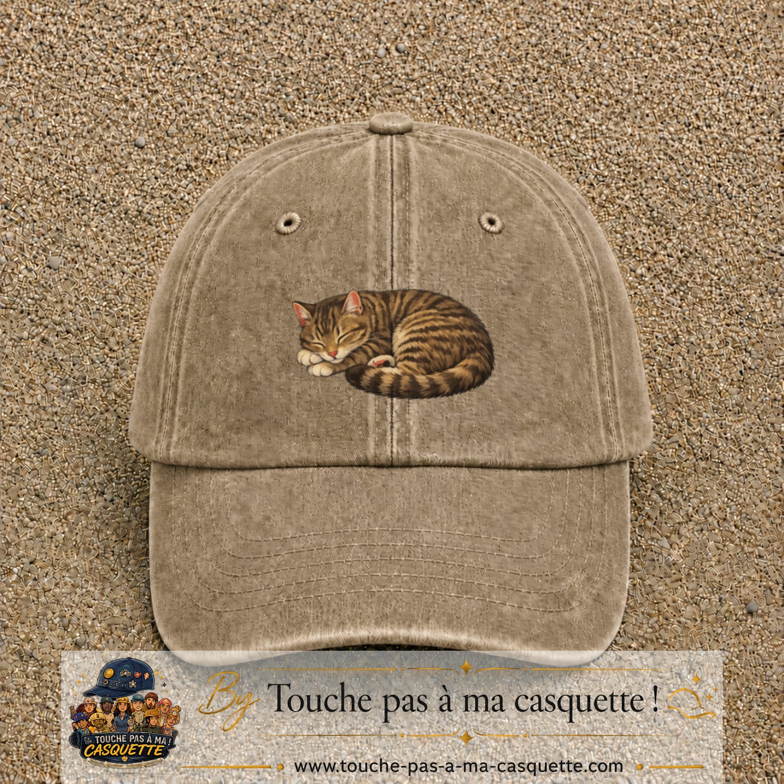 Casquette baseball Beige foncé délavé 100% coton avec motif Chat endormi 5 cm - image principale