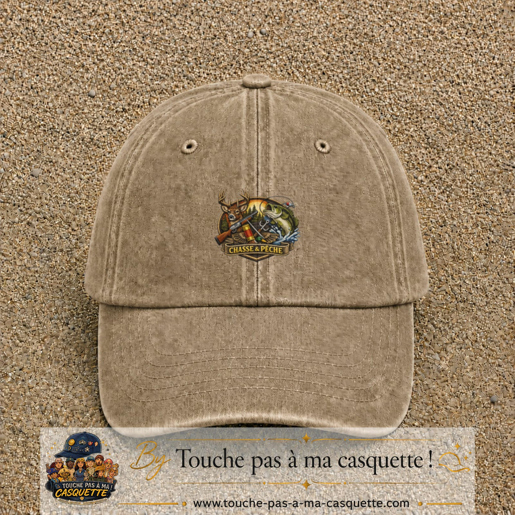 Casquette Beige foncé délavé motif Chasse et pêche 5 cm - vue principale