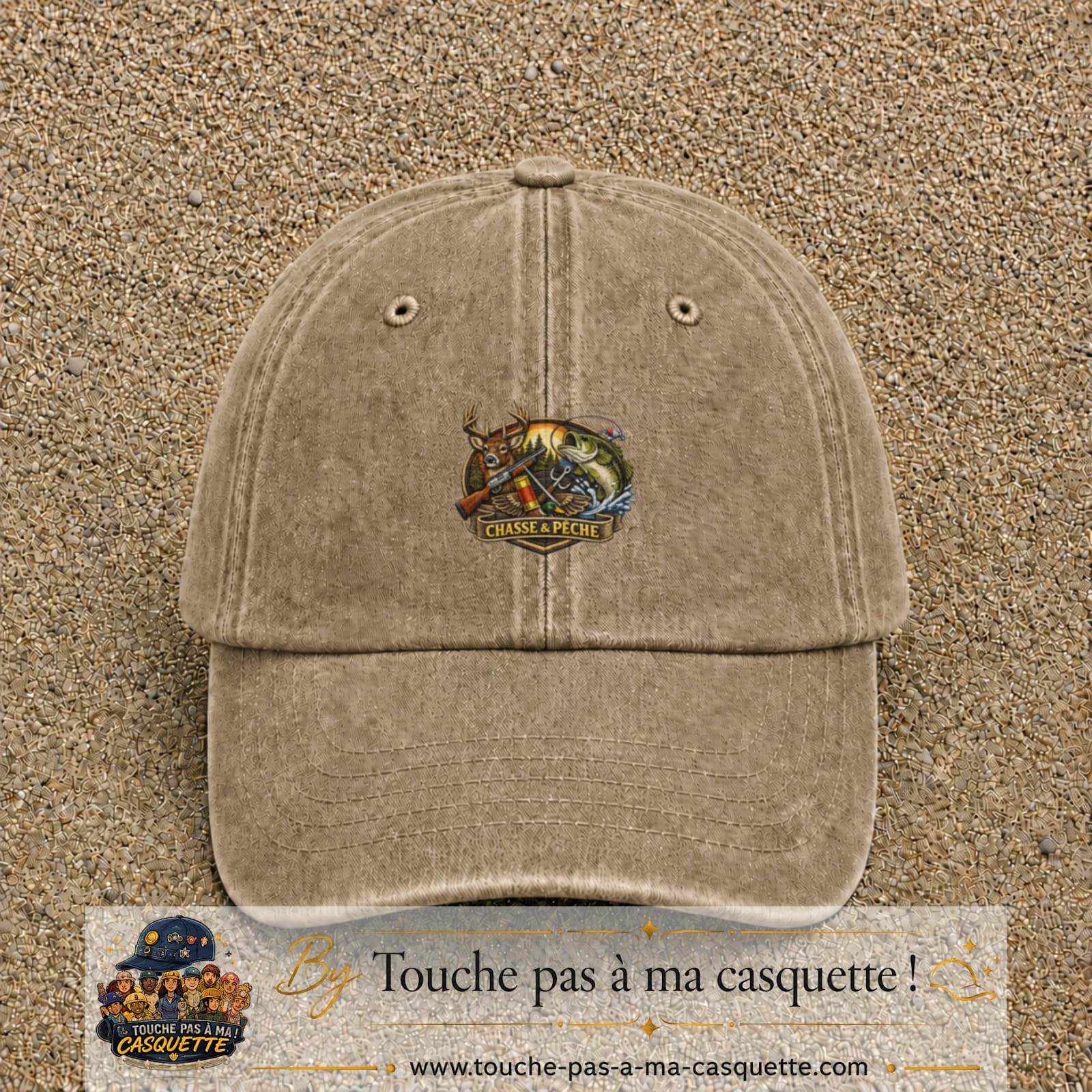 Casquette Beige foncé délavé motif Chasse et pêche 5 cm - vue principale