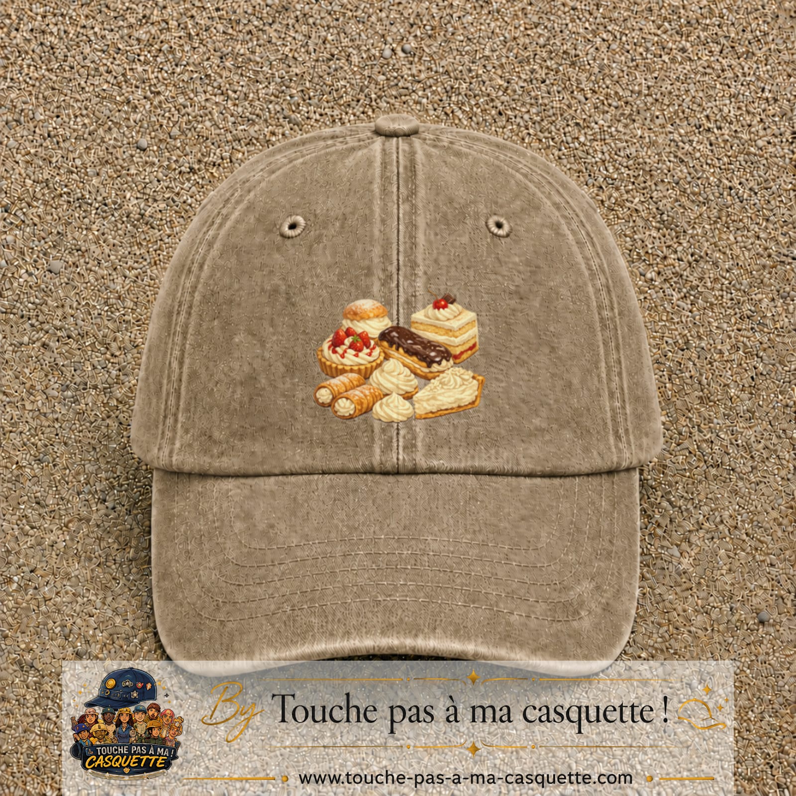 Casquette Beige foncé délavé 100% coton avec motif Pâtisseries gourmandes 7 cm - image principale