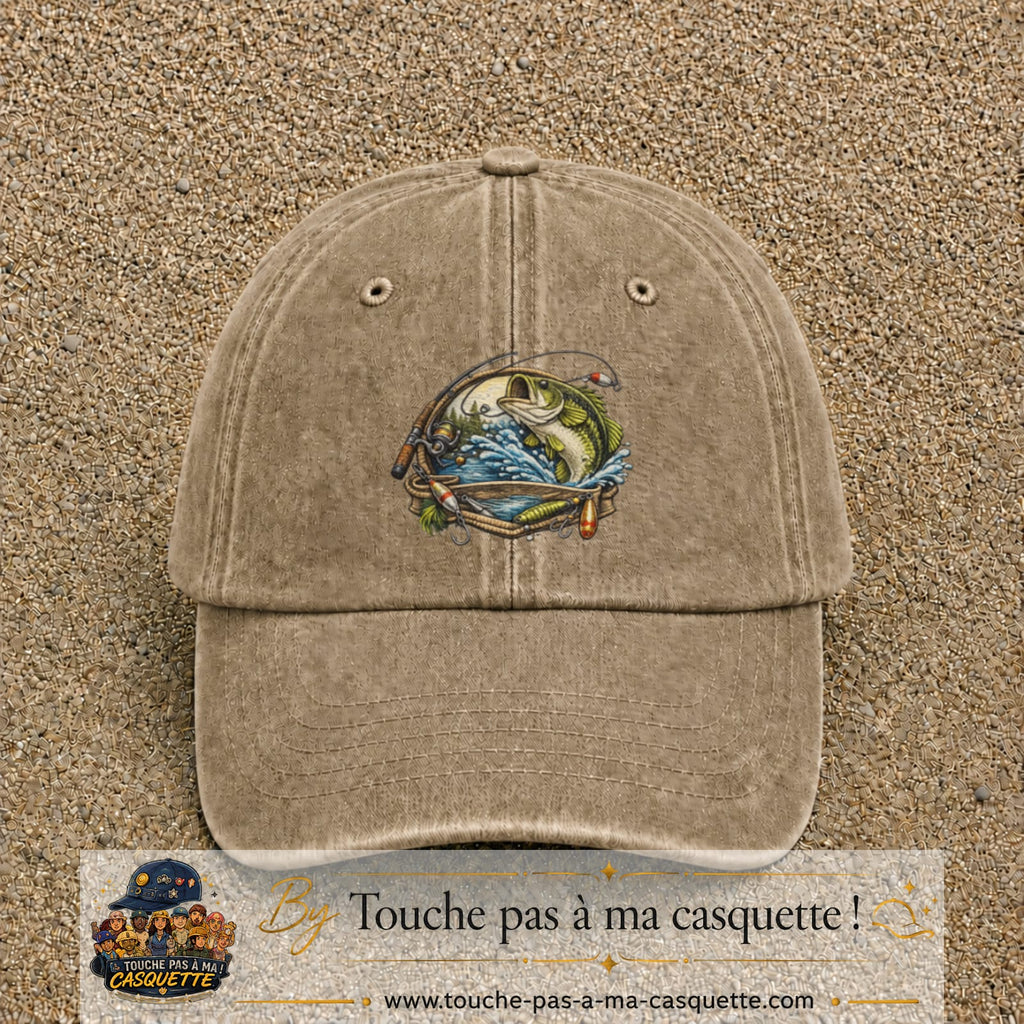 Casquette Beige foncé délavé motif Pêche sportive 7 cm - vue principale