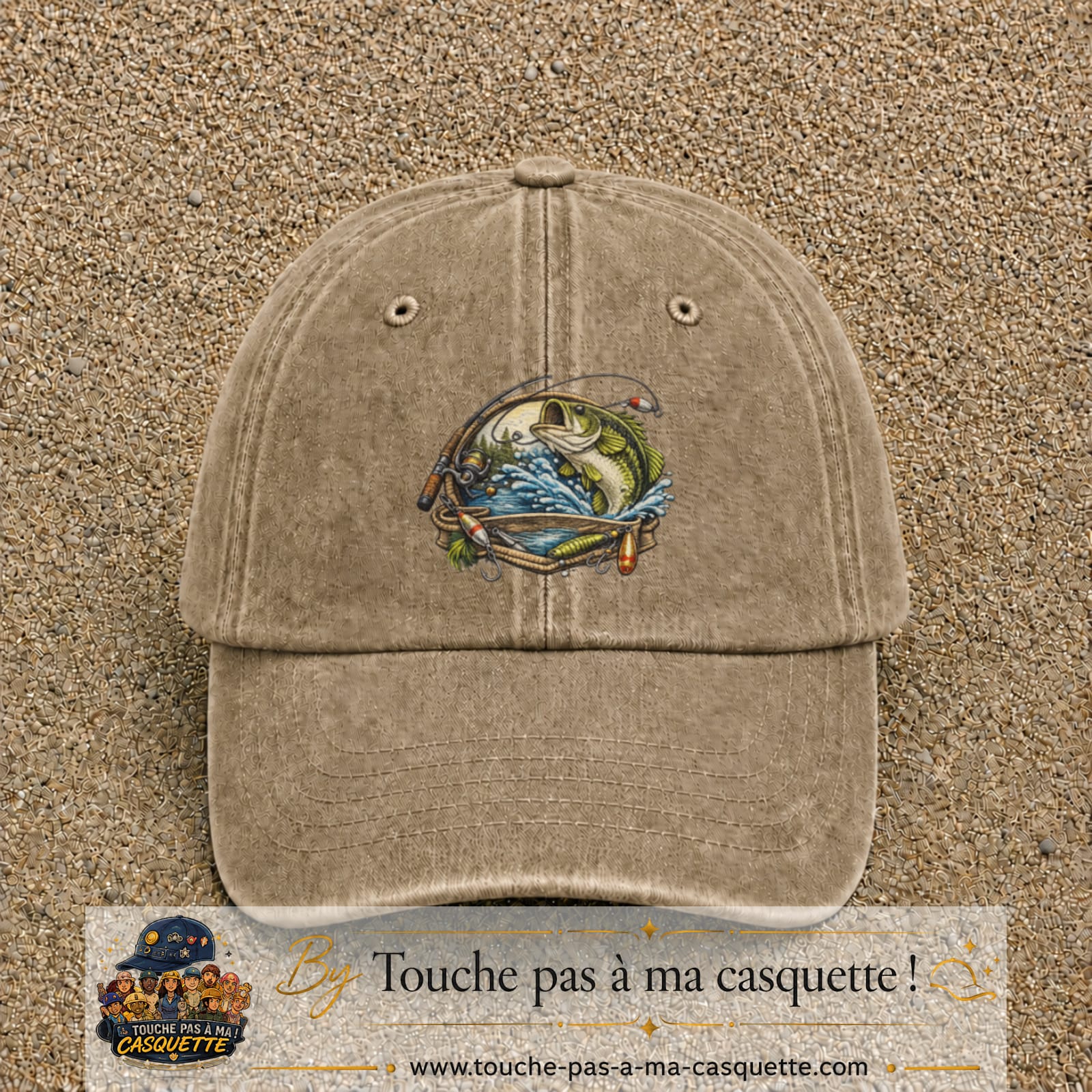 Casquette Beige foncé délavé motif Pêche sportive 7 cm - vue principale