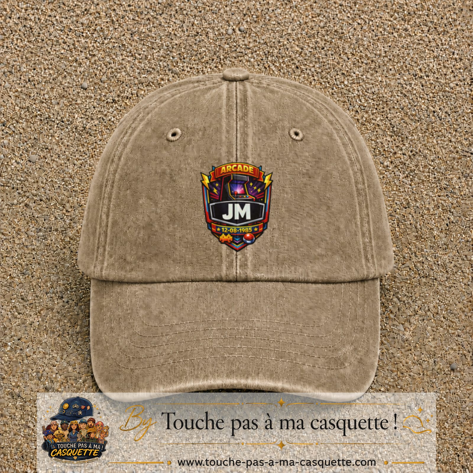 Casquette Beige foncé délavé 100% coton avec motif Badge arcade JM rétro 7 cm - image principale