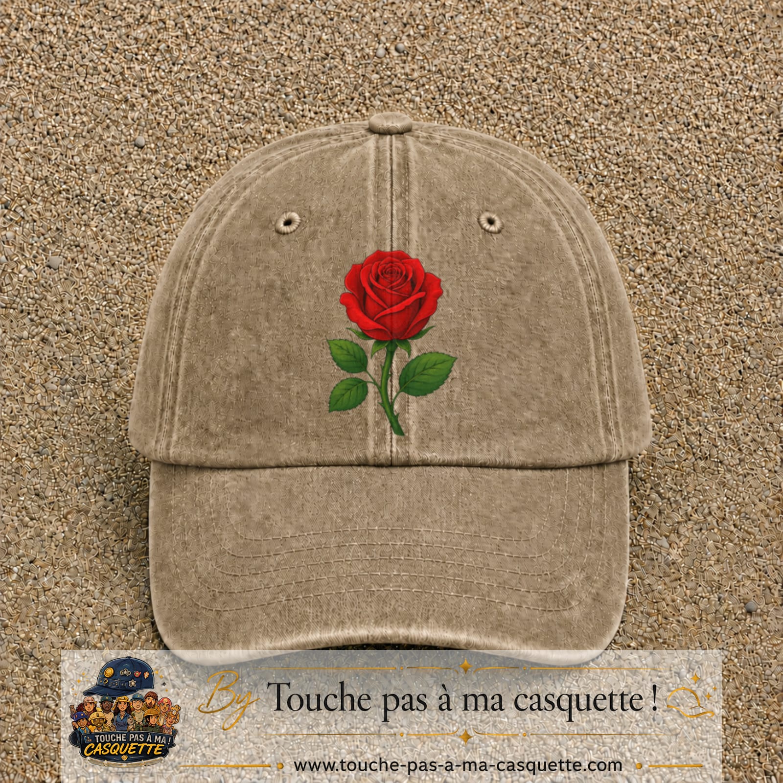 Casquette baseball Beige foncé délavé 100% coton avec motif Fleur de rose 7 cm - image principale