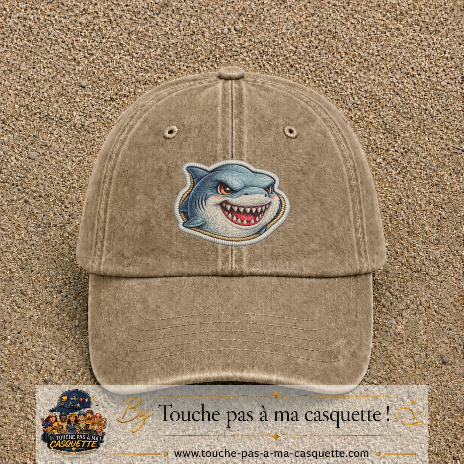 Casquette Beige foncé délavé motif Requin fun 7 cm - vue principale