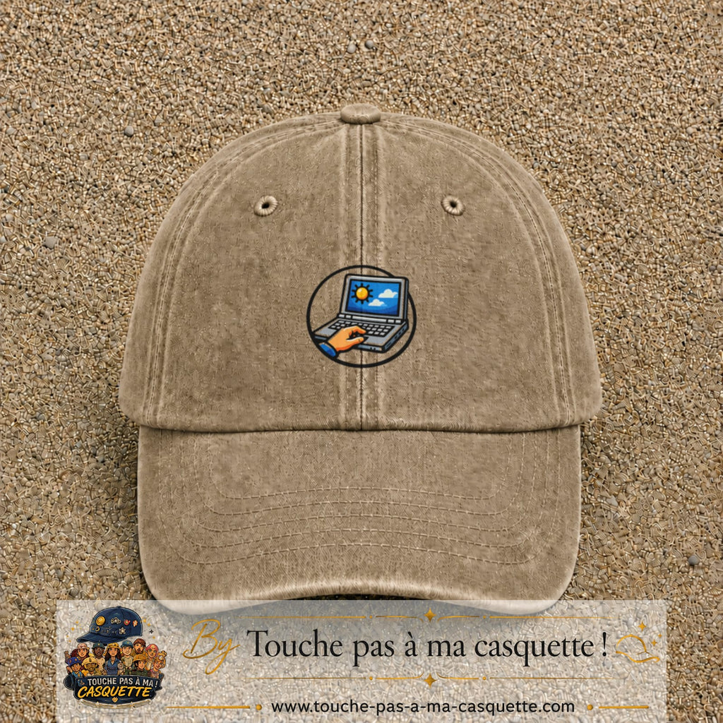 Casquette Beige foncé délavé 100% coton avec motif Ordinateur portable météo 5 cm - image principale