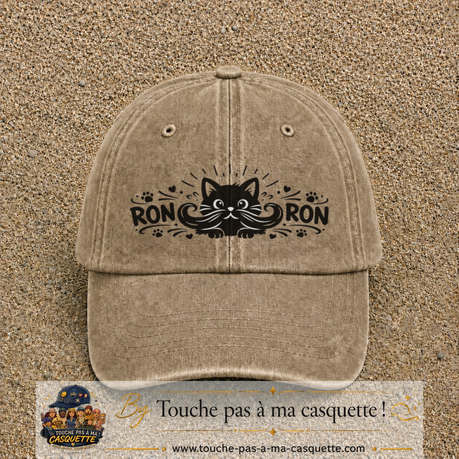 Casquette Beige foncé délavé motif Chat Ron Ron 7 cm - vue principale