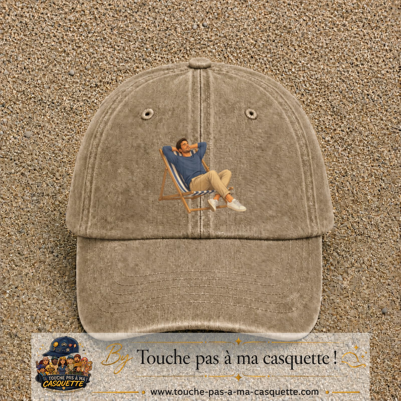 Casquette Beige foncé délavé 100% coton avec motif Pause soleil transat 7 cm - image principale
