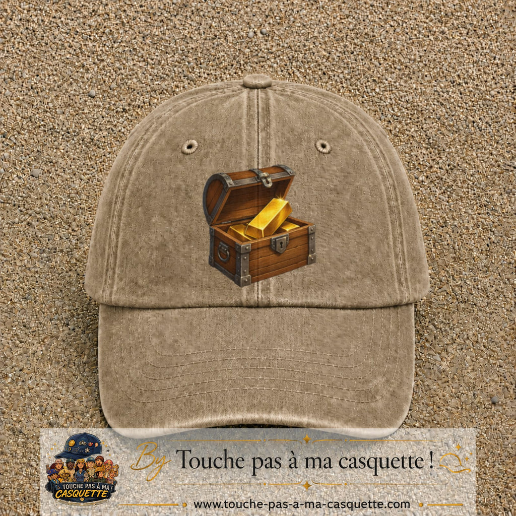 Casquette baseball Beige foncé délavé 100% coton avec motif Coffre au trésor 7 cm - image principale