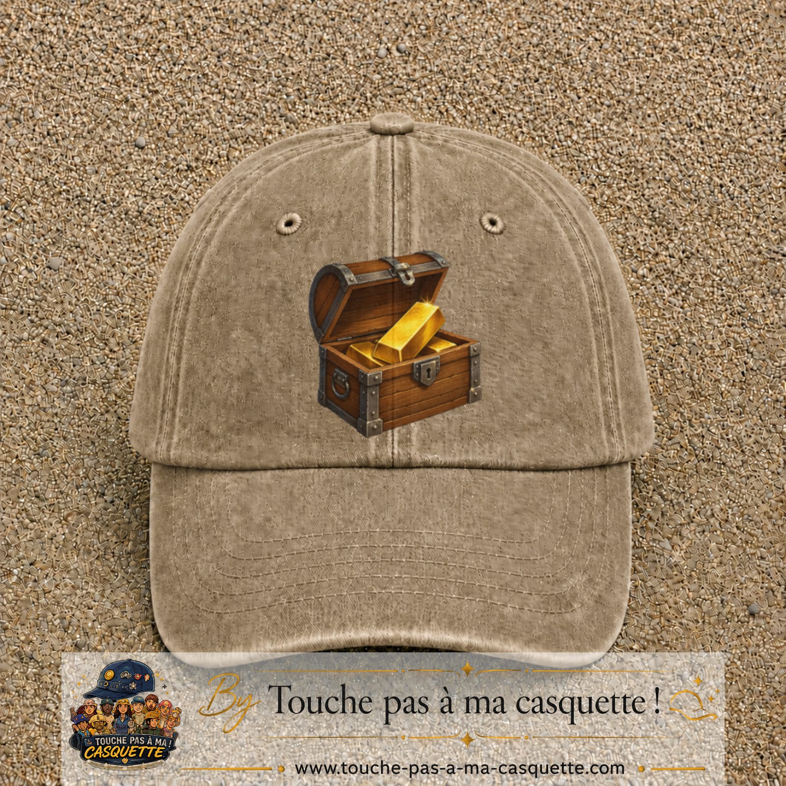 Casquette baseball Beige foncé délavé 100% coton avec motif Coffre au trésor 7 cm - image principale