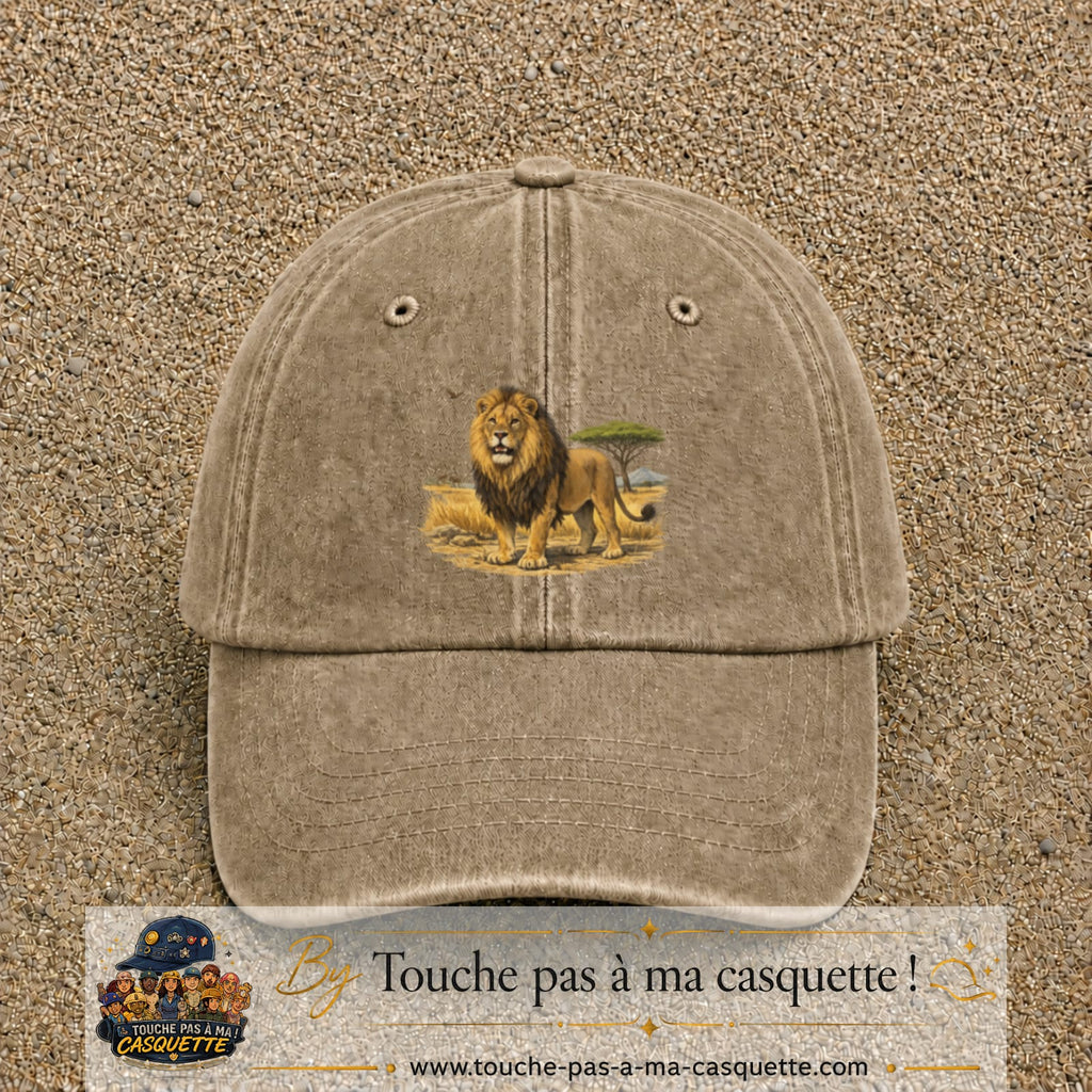 Casquette baseball Beige foncé délavé 100% coton avec motif Lion de savane 7 cm - image principale