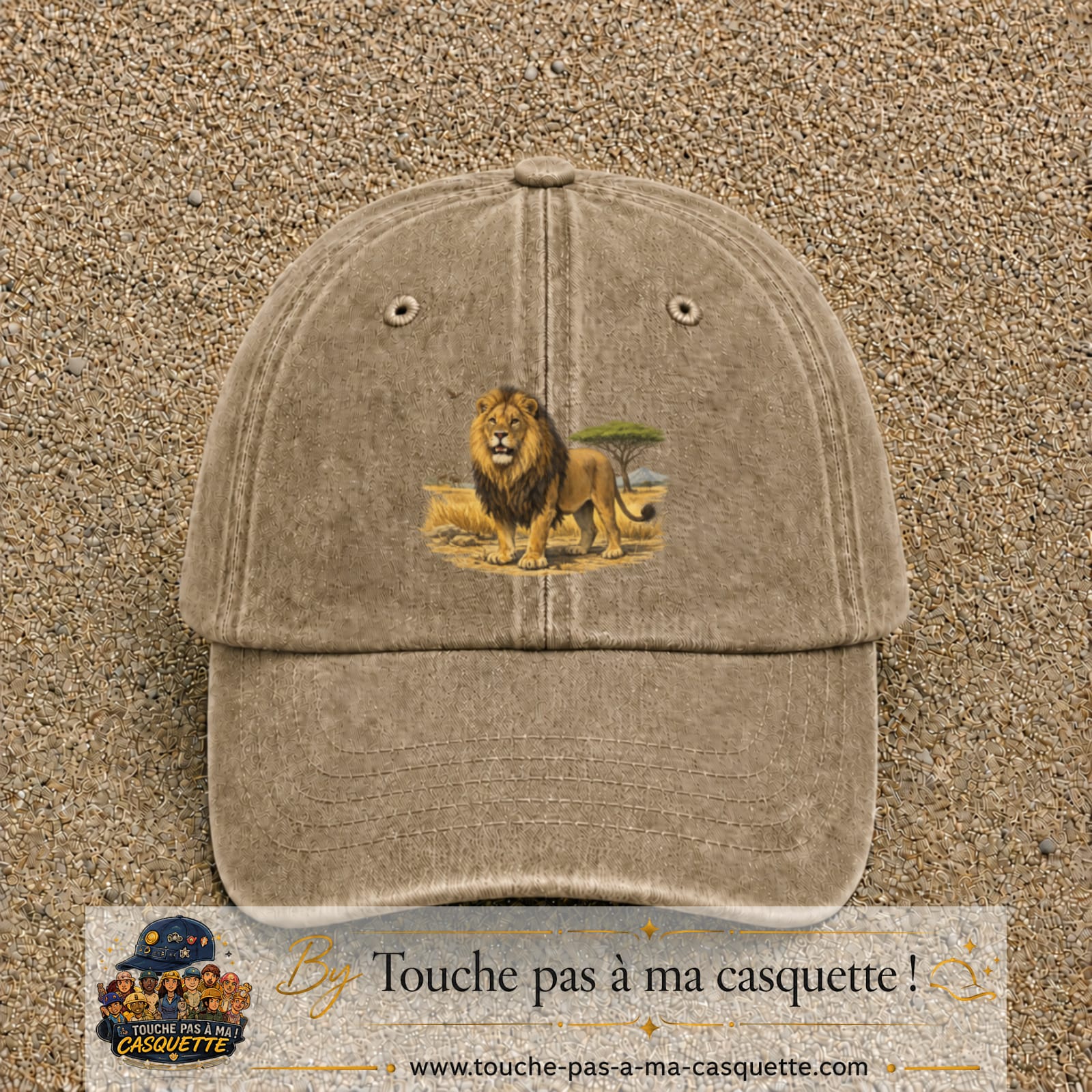Casquette baseball Beige foncé délavé 100% coton avec motif Lion de savane 7 cm - image principale