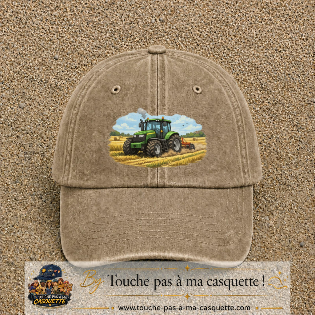 Casquette baseball Beige foncé délavé 100% coton avec motif Tracteur agricole 7 cm - image principale